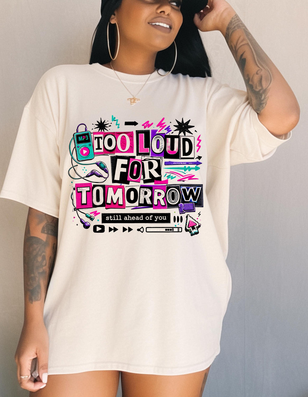 Too Loud For Tomorrow graphic T-Shirt | Retro cassette, neon doodles