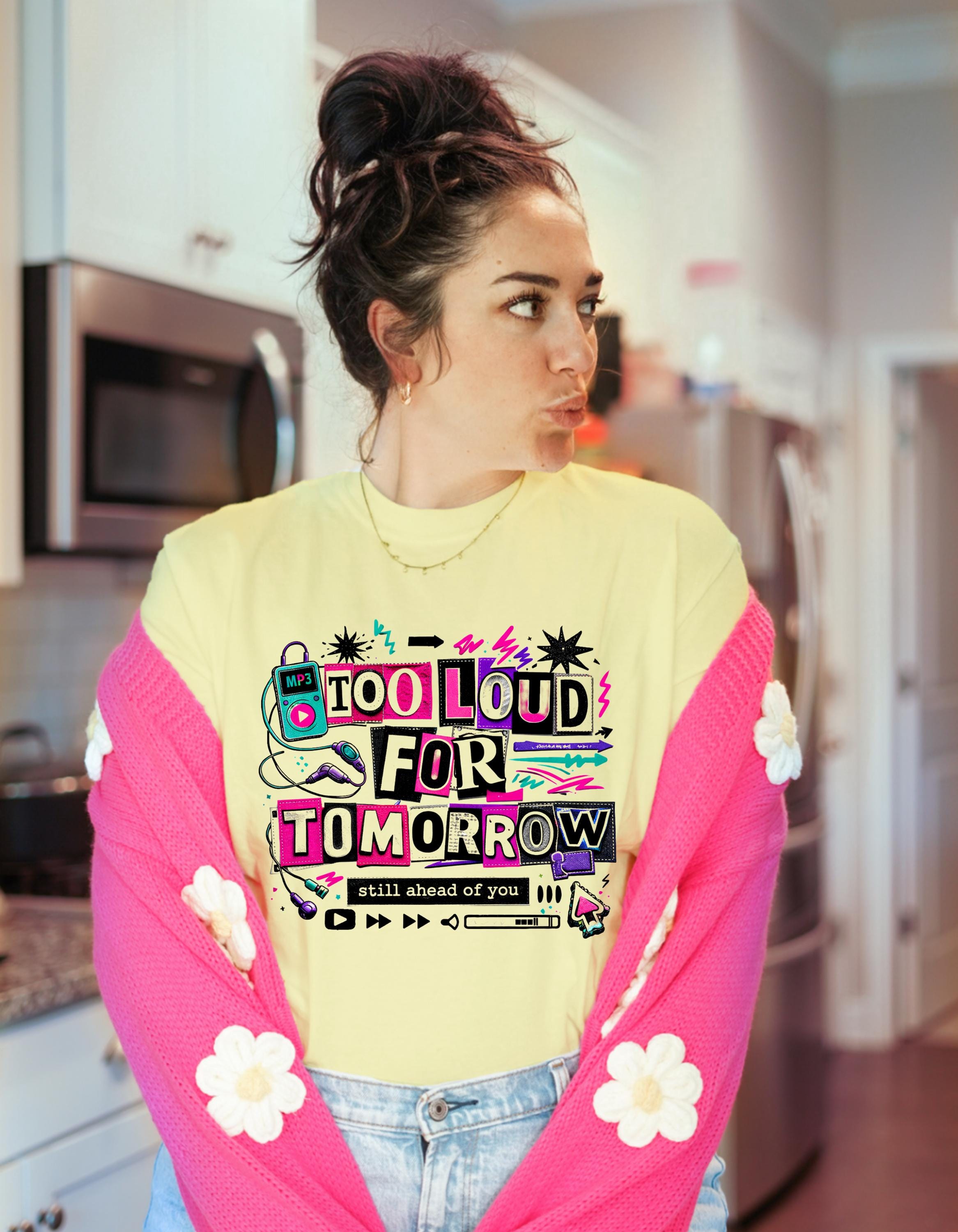 Too Loud For Tomorrow graphic T-Shirt | Retro cassette, neon doodles