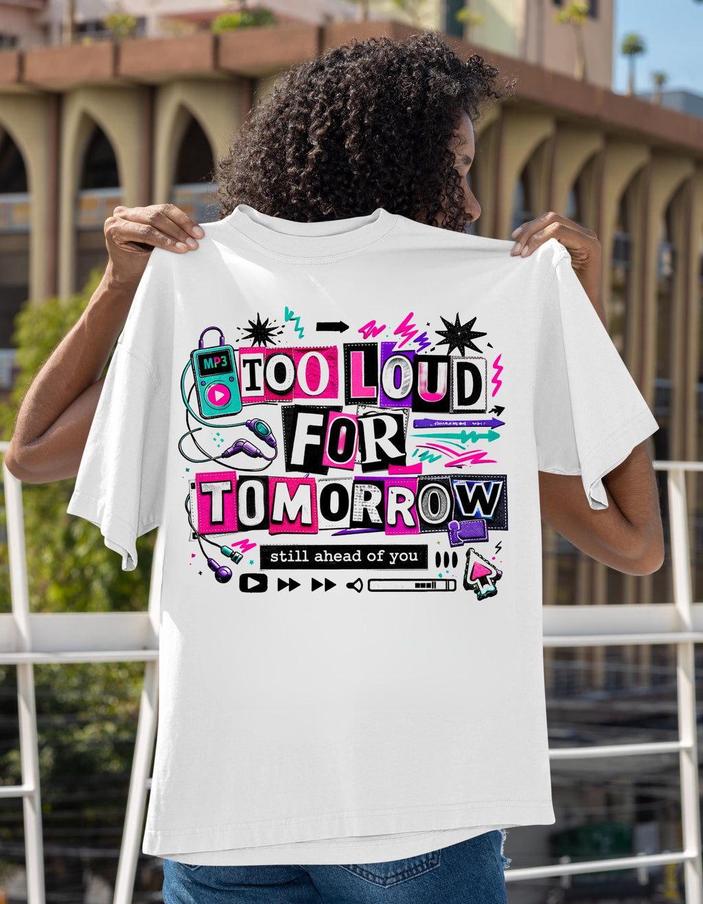Too Loud For Tomorrow graphic T-Shirt | Retro cassette, neon doodles