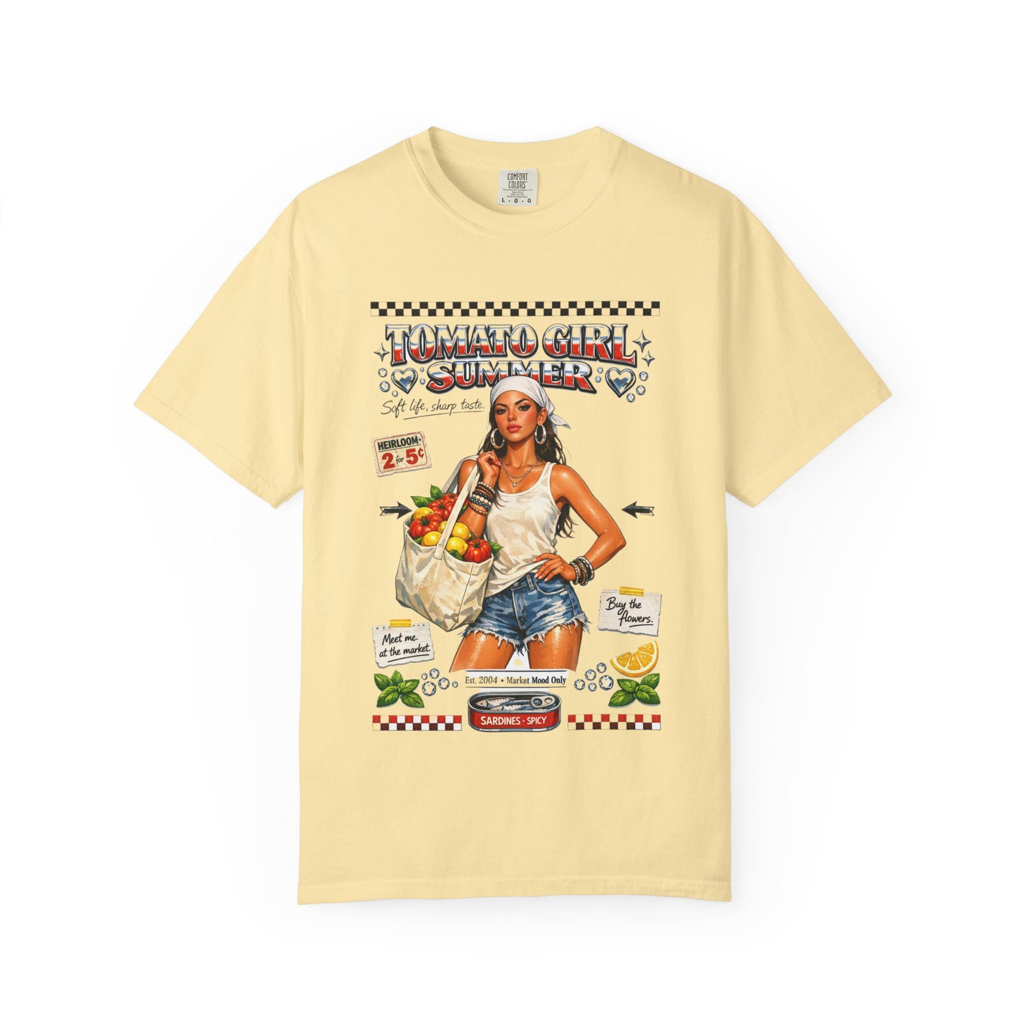 Tomato Girl Market Tote Graphic T-Shirt | Vintage Produce Poster Design Farmers Summer Tee