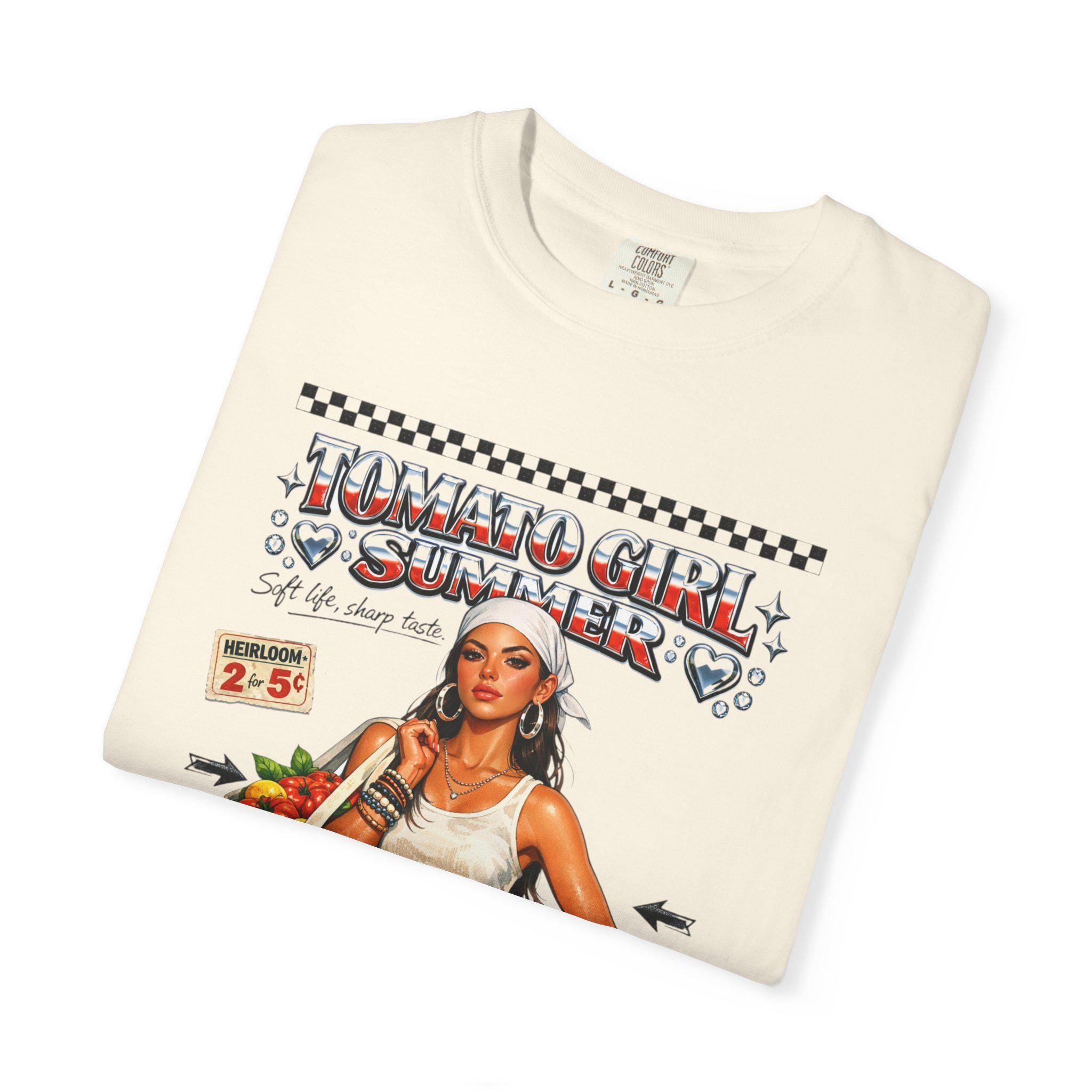 Tomato Girl Market Tote Graphic T-Shirt | Vintage Produce Poster Design Farmers Summer Tee