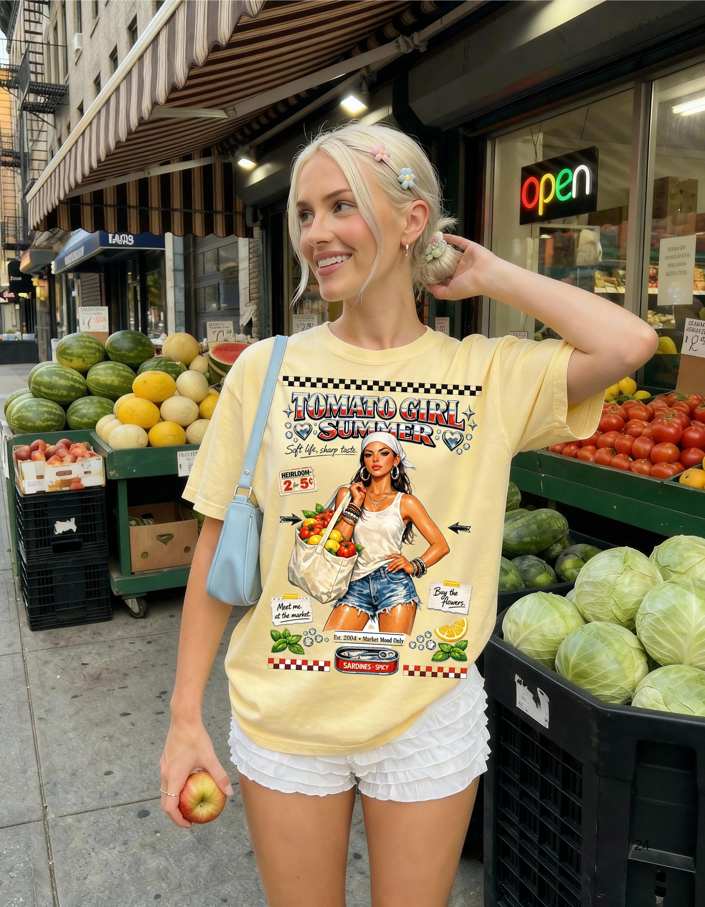 Tomato Girl Market Tote Graphic T-Shirt | Vintage Produce Poster Design Farmers Summer Tee