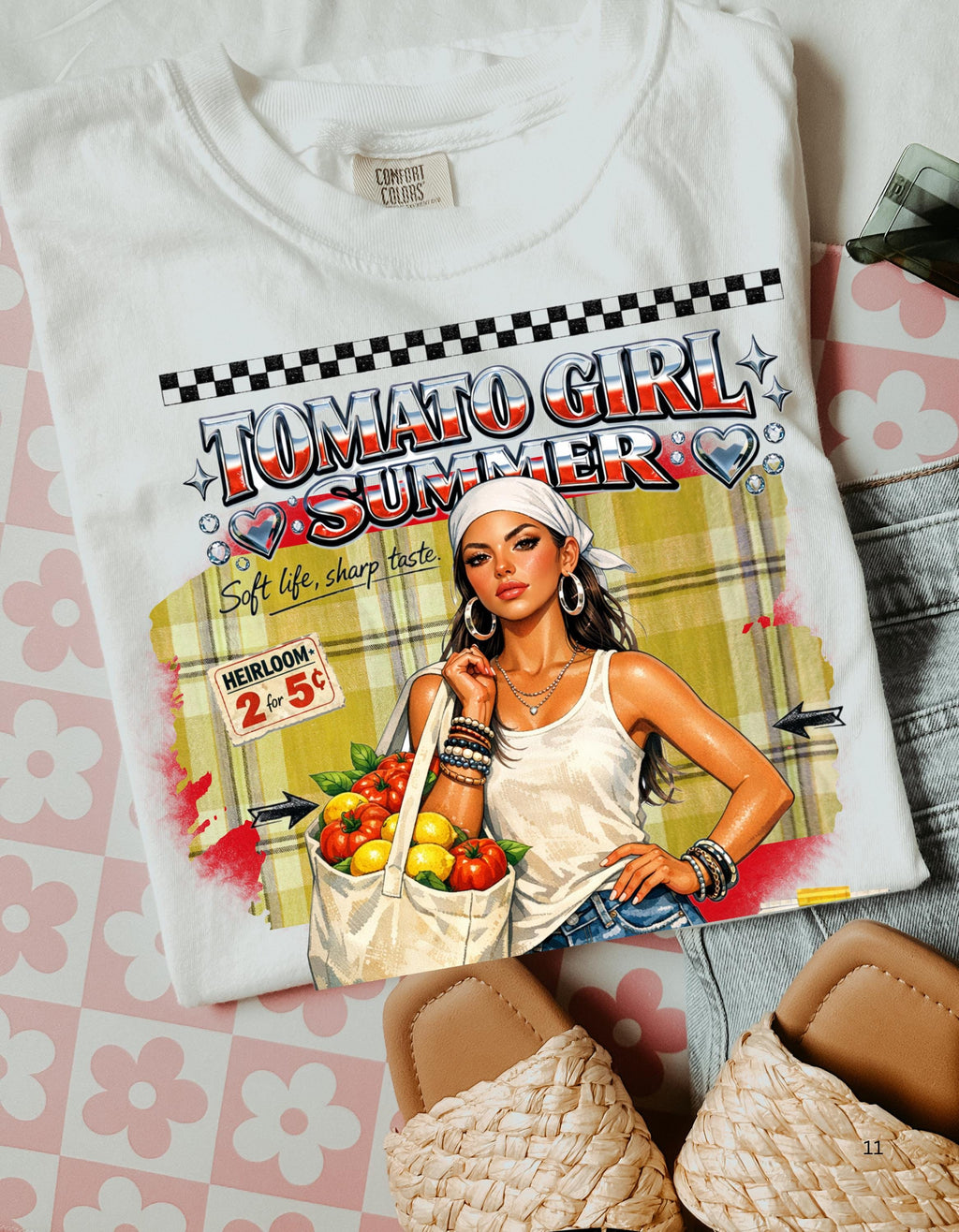 Tomato Girl Market Tote Graphic T-Shirt | Vintage Produce Poster Design Farmers Summer Tee