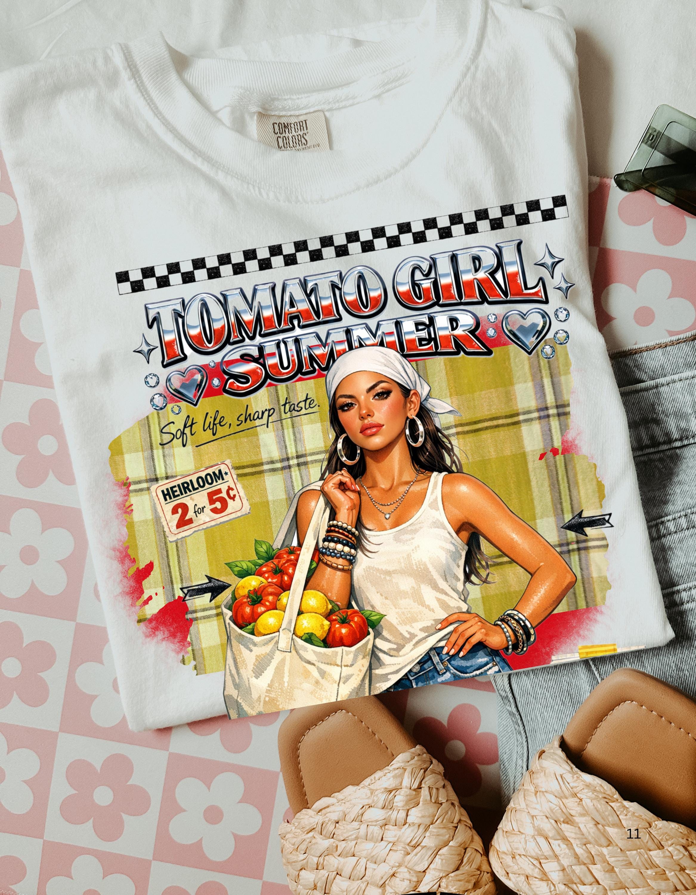 Tomato Girl Market Tote Graphic T-Shirt | Vintage Produce Poster Design Farmers Summer Tee