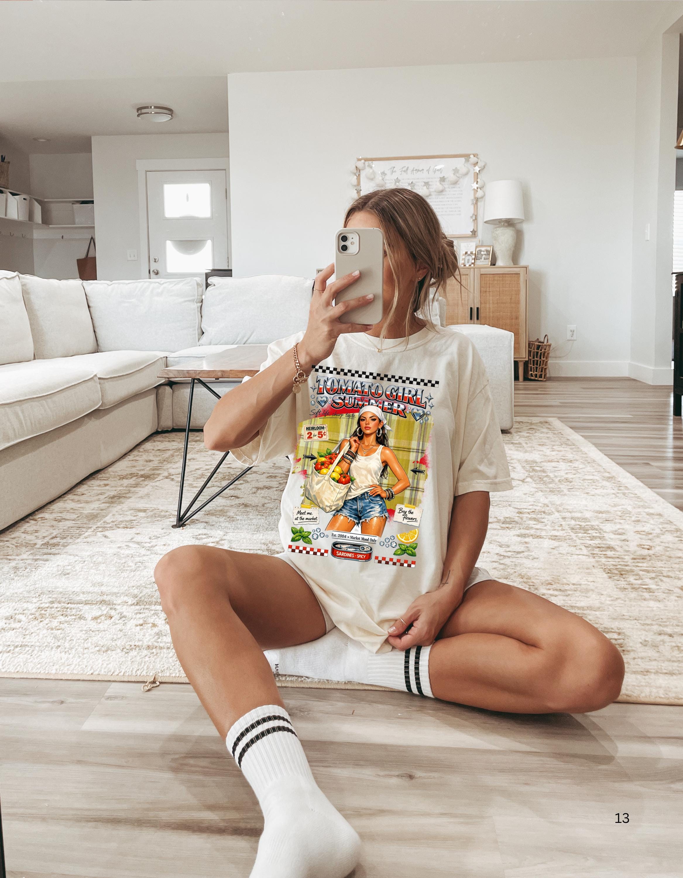 Tomato Girl Market Tote Graphic T-Shirt | Vintage Produce Poster Design Farmers Summer Tee
