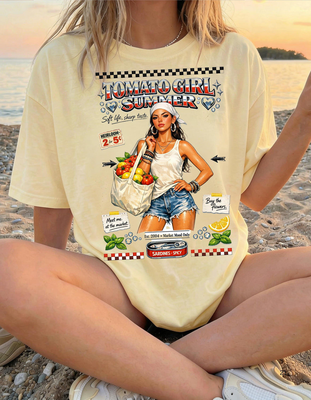 Tomato Girl Market Tote Graphic T-Shirt | Vintage Produce Poster Design Farmers Summer Tee