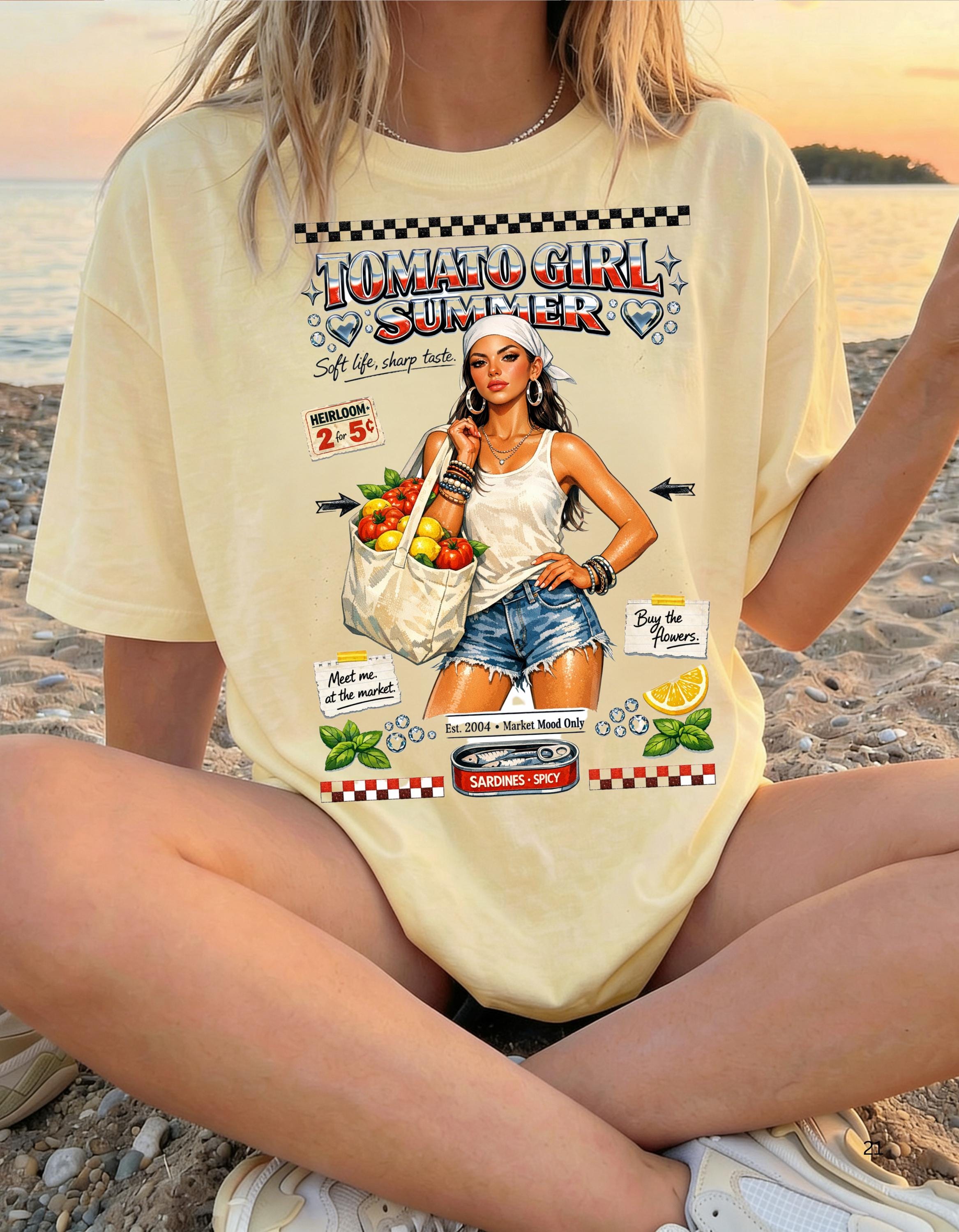 Tomato Girl Market Tote Graphic T-Shirt | Vintage Produce Poster Design Farmers Summer Tee