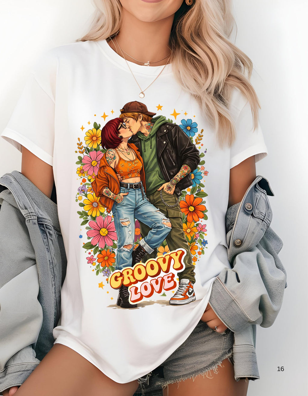 Groovy Love Couple Illustration T-Shirt | 70s Retro Flower Power Design Vintage Hippie Tee