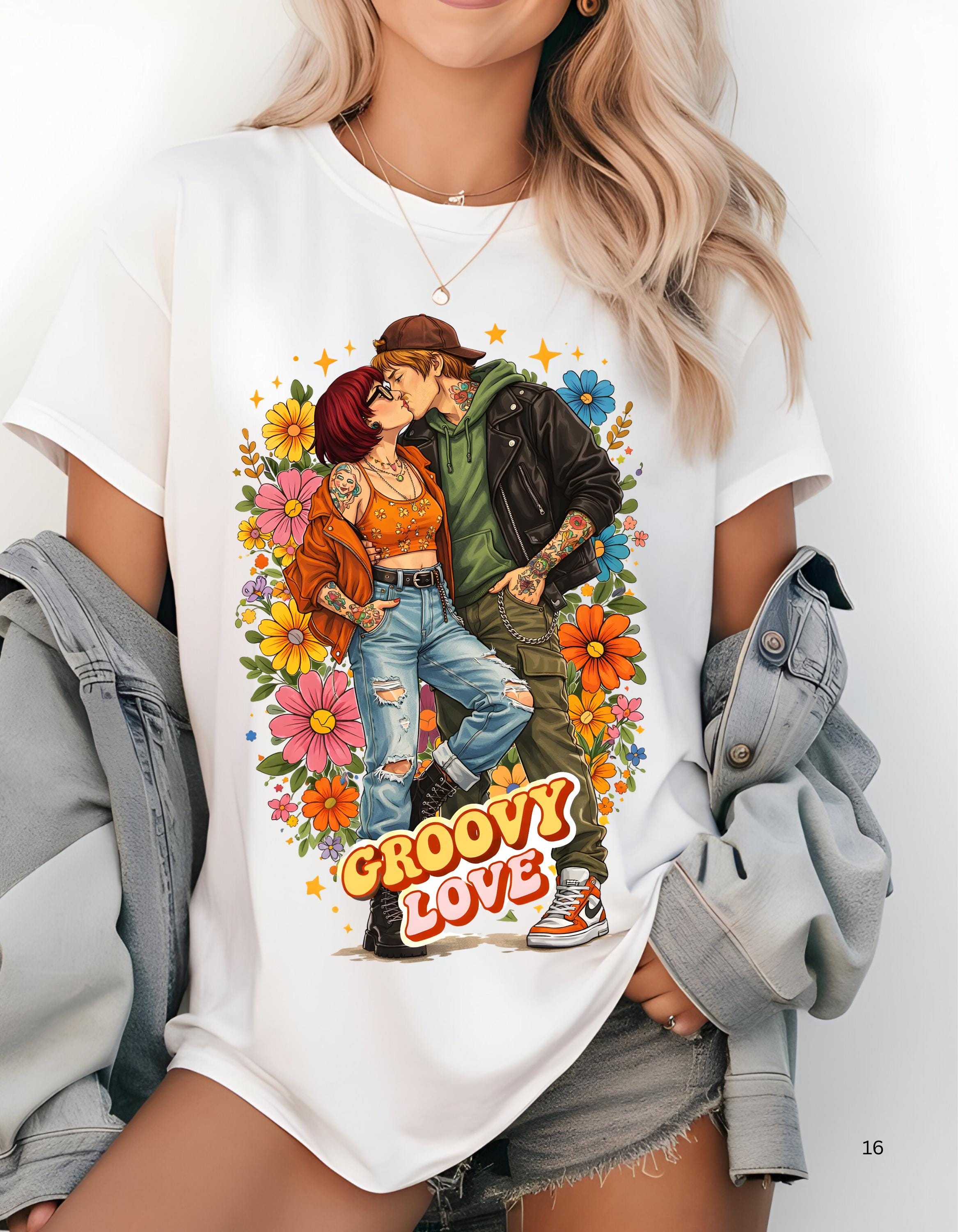 Groovy Love Couple Illustration T-Shirt | 70s Retro Flower Power Design Vintage Hippie Tee