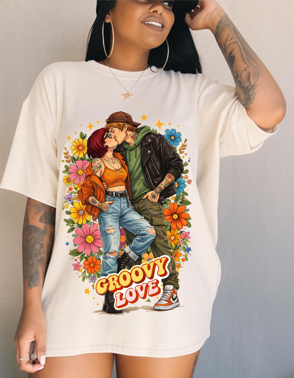 Groovy Love Couple Illustration T-Shirt | 70s Retro Flower Power Design Vintage Hippie Tee