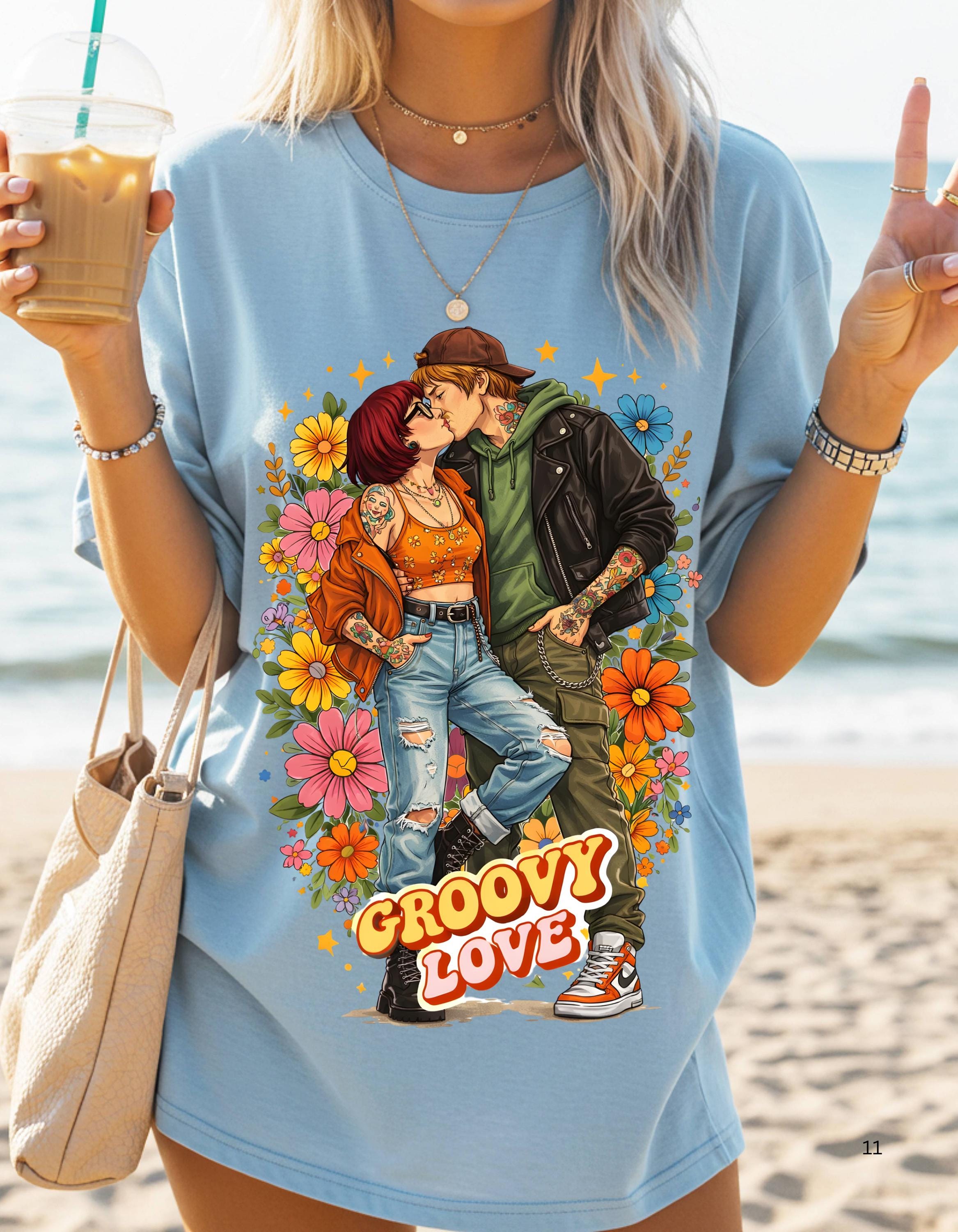 Groovy Love Couple Illustration T-Shirt | 70s Retro Flower Power Design Vintage Hippie Tee
