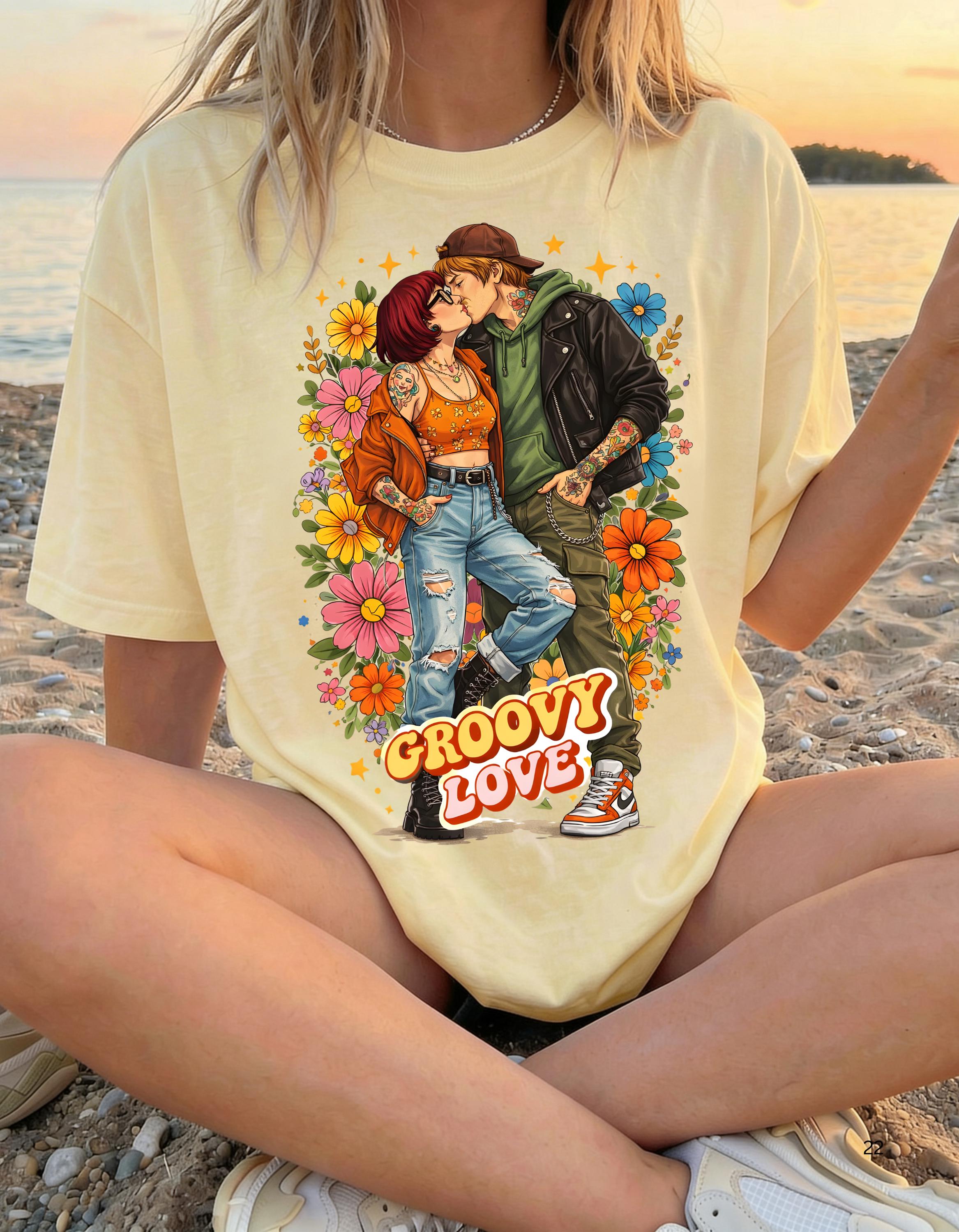 Groovy Love Couple Illustration T-Shirt | 70s Retro Flower Power Design Vintage Hippie Tee