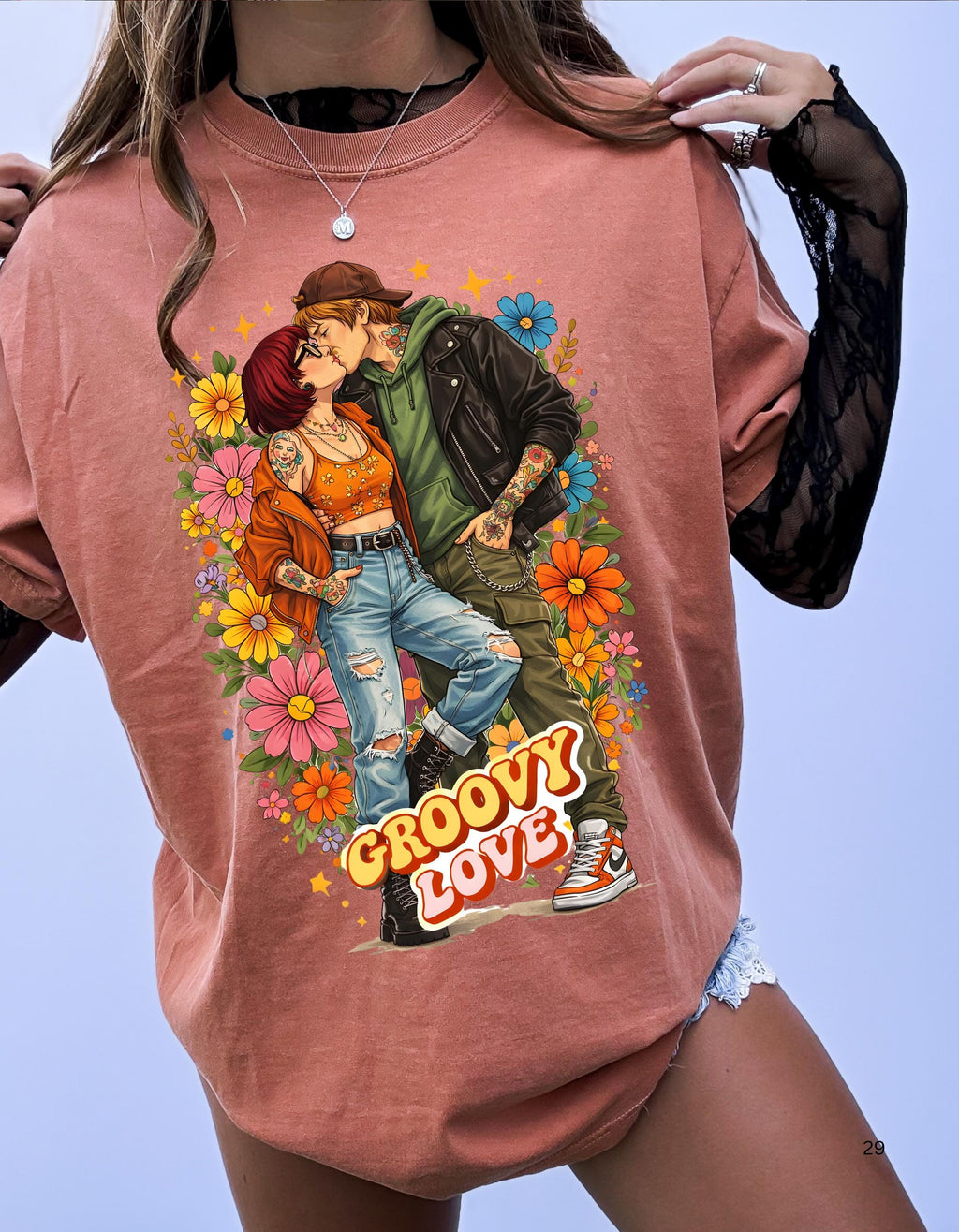 Groovy Love Couple Illustration T-Shirt | 70s Retro Flower Power Design Vintage Hippie Tee