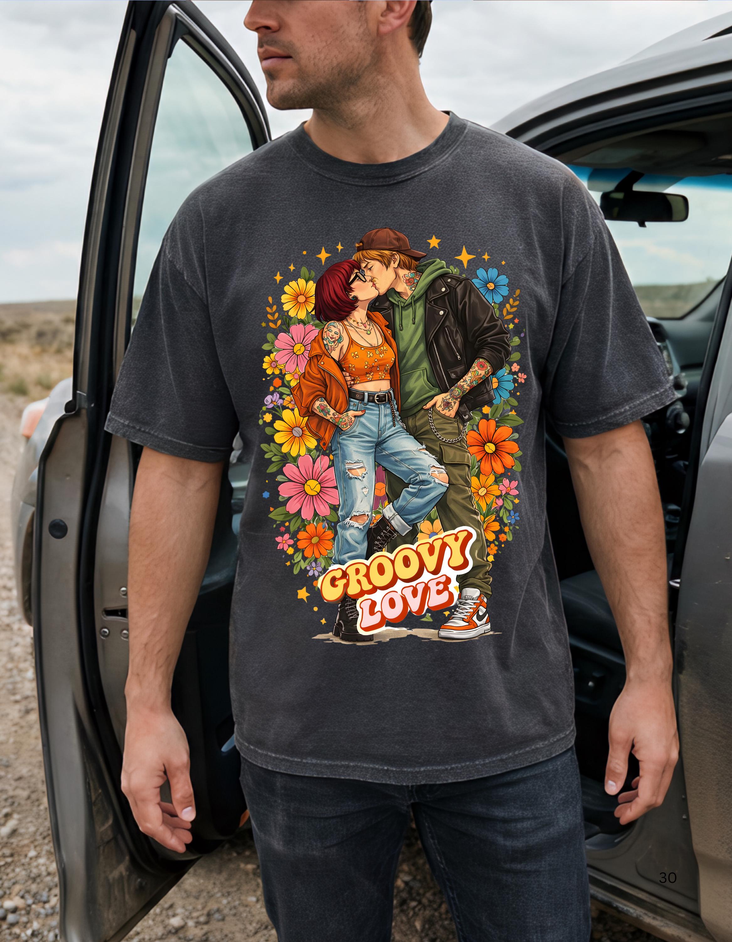Groovy Love Couple Illustration T-Shirt | 70s Retro Flower Power Design Vintage Hippie Tee
