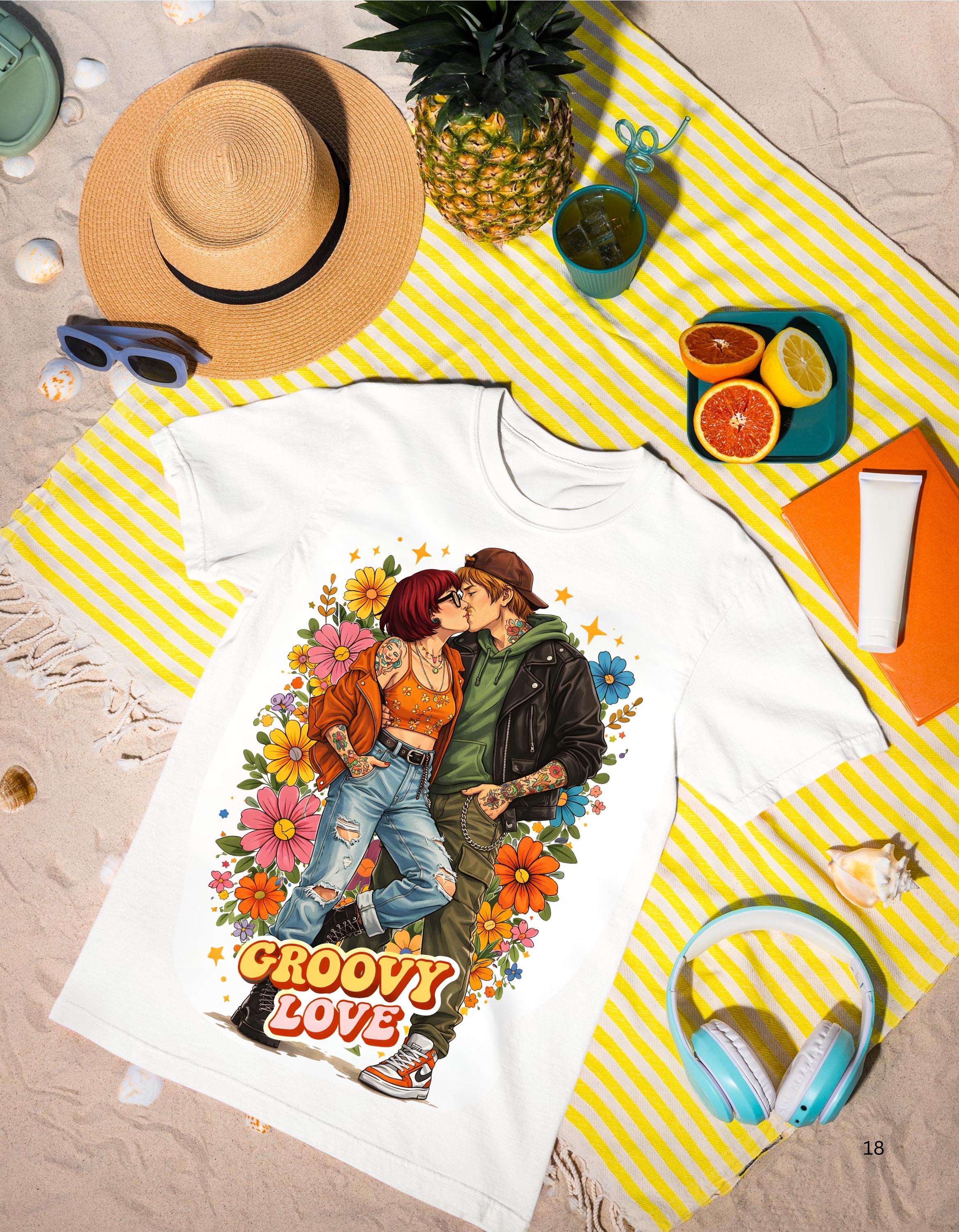 Groovy Love Couple Illustration T-Shirt | 70s Retro Flower Power Design Vintage Hippie Tee