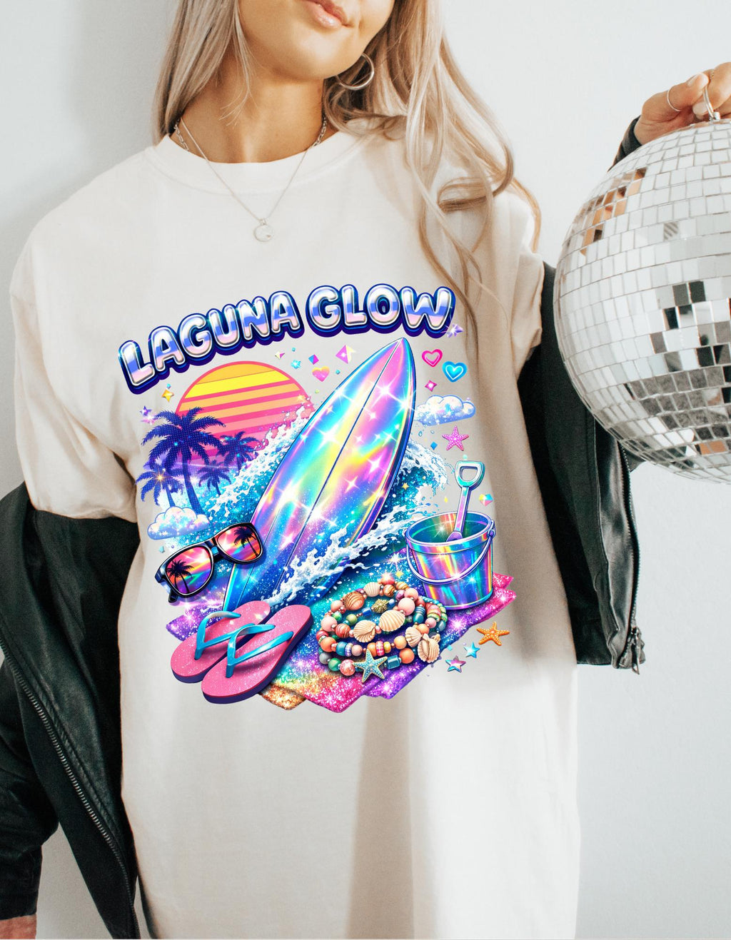 Laguna Glow surfboard sunset graphic T-Shirt | neon beach vibes