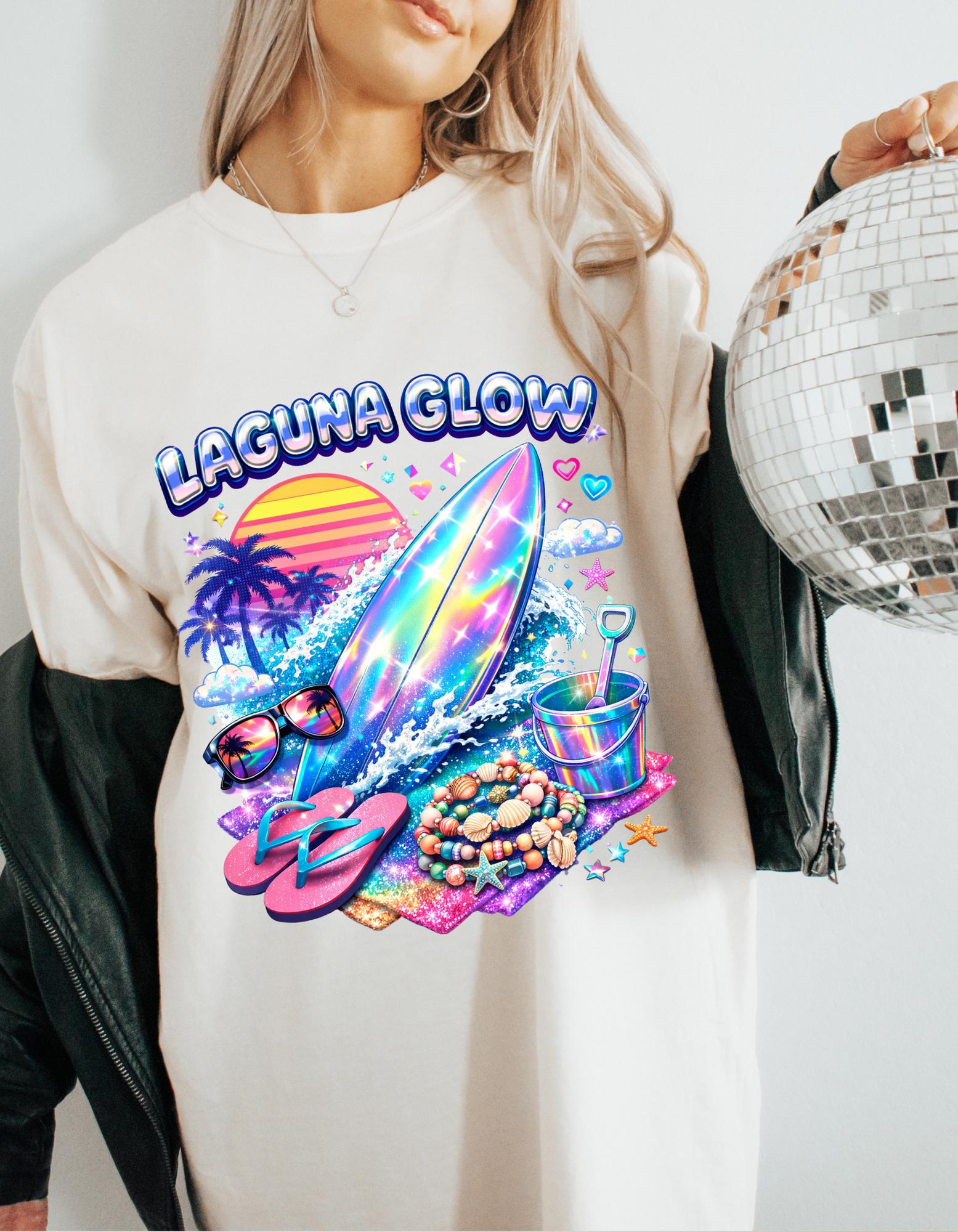 Laguna Glow surfboard sunset graphic T-Shirt | neon beach vibes