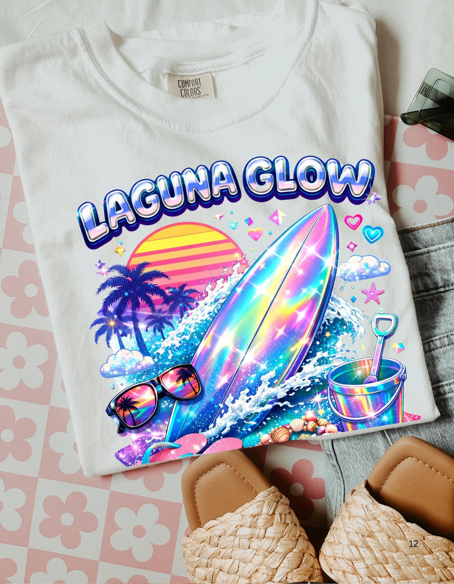 Laguna Glow surfboard sunset graphic T-Shirt | neon beach vibes
