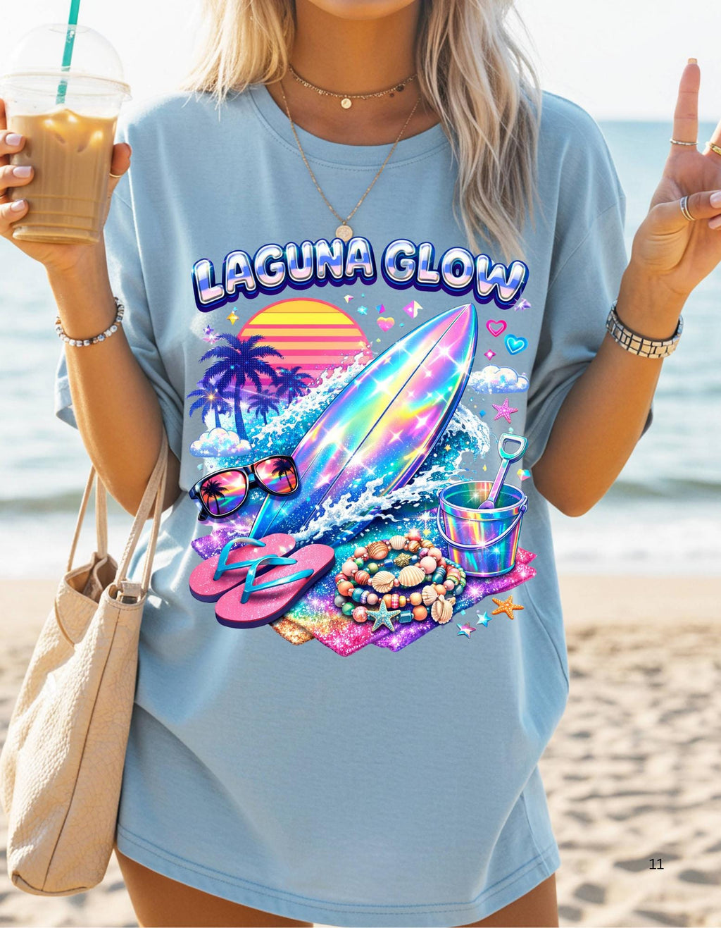 Laguna Glow surfboard sunset graphic T-Shirt | neon beach vibes