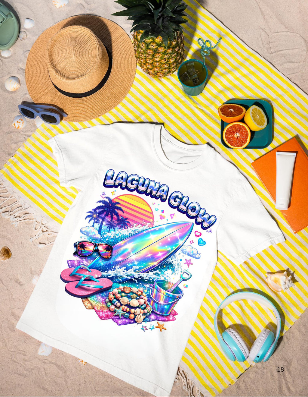 Laguna Glow surfboard sunset graphic T-Shirt | neon beach vibes