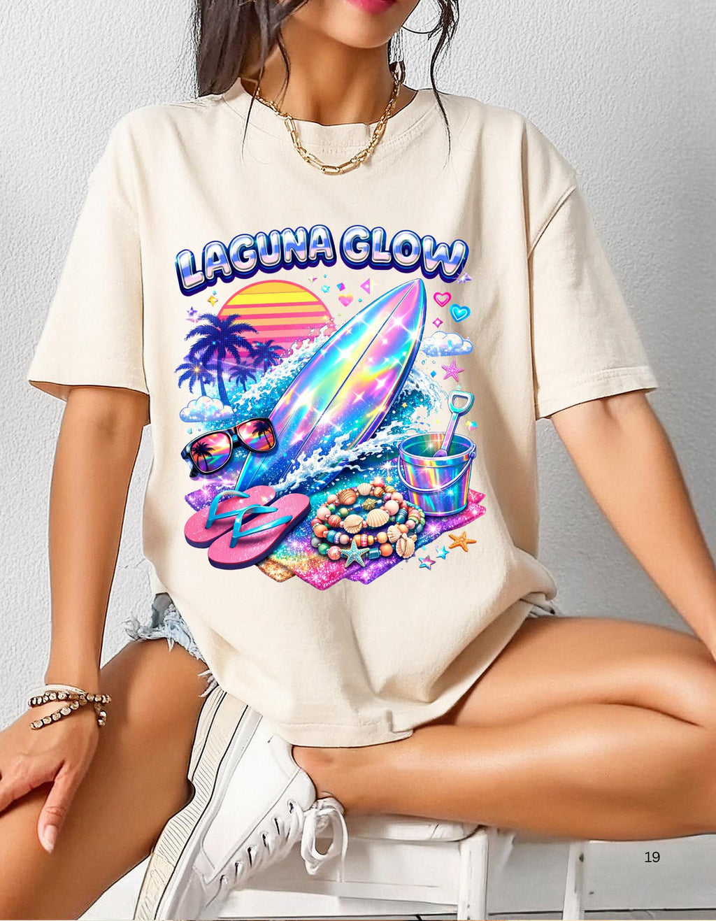 Laguna Glow surfboard sunset graphic T-Shirt | neon beach vibes