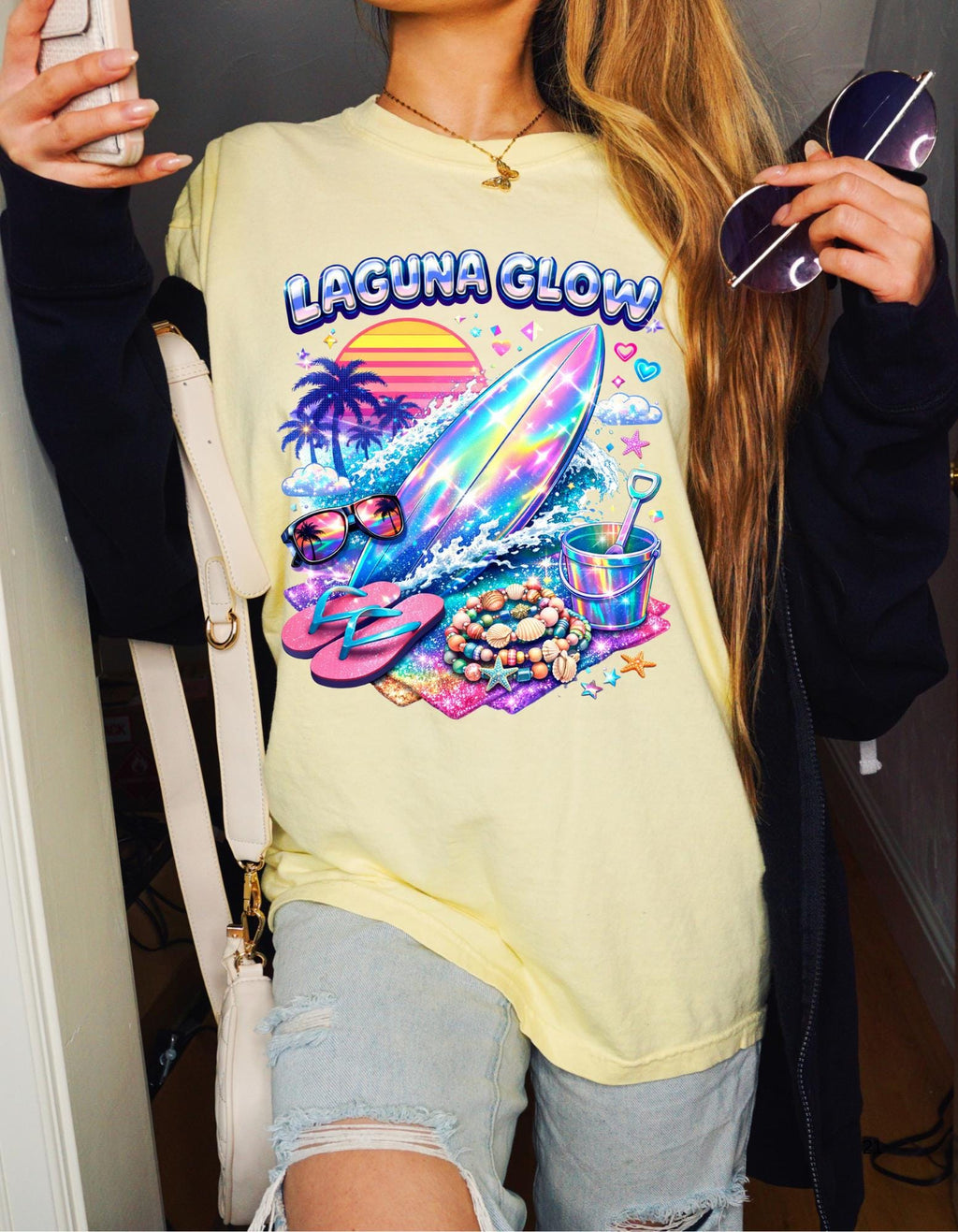 Laguna Glow surfboard sunset graphic T-Shirt | neon beach vibes