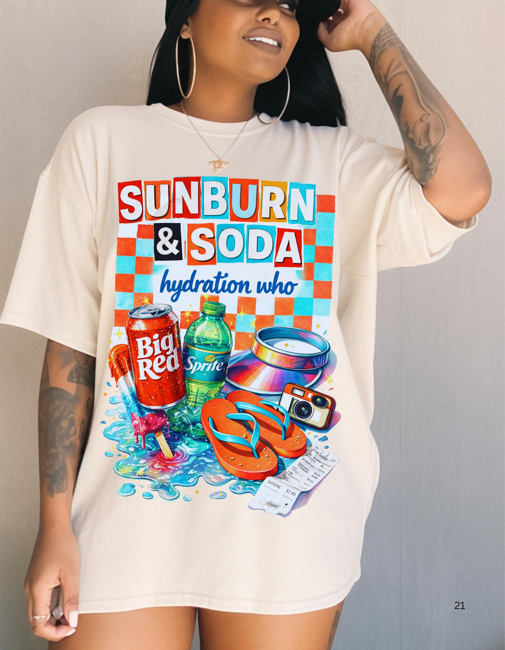 Sunburn & Soda Graphic T-Shirt | Retro Beach Hydration Design Unisex Summer Tee