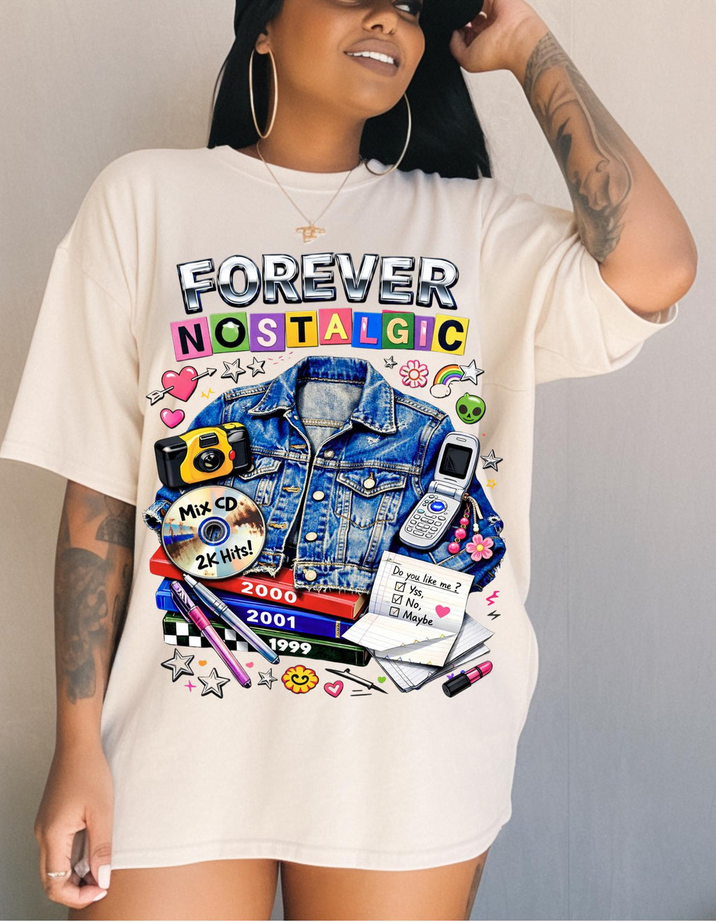 Forever Nostalgic Denim Jacket Illustration T-Shirt | 90s Retro Collage