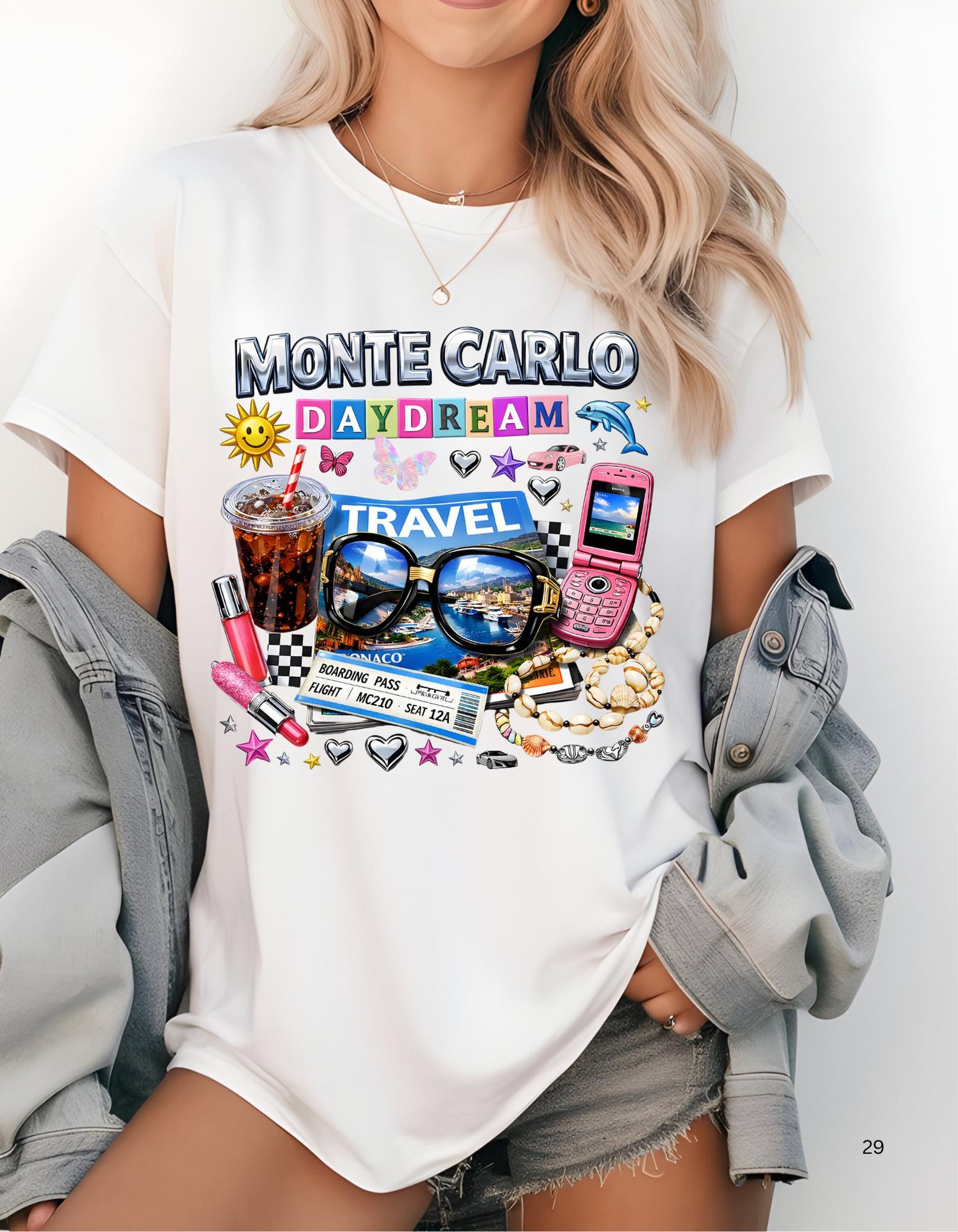 Monte Carlo Daydream travel collage T-shirt | sunglasses, cassette, flip phone