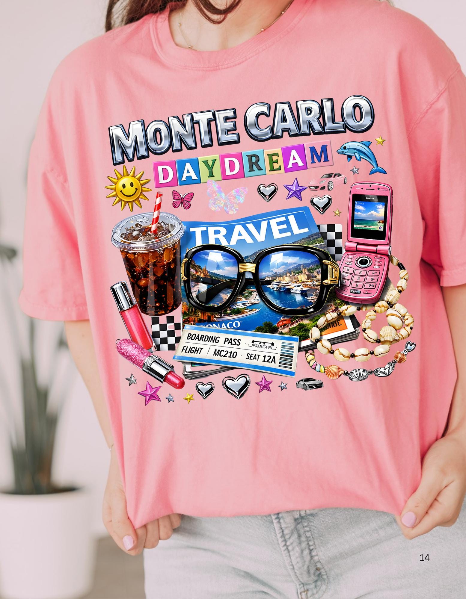 Monte Carlo Daydream travel collage T-shirt | sunglasses, cassette, flip phone