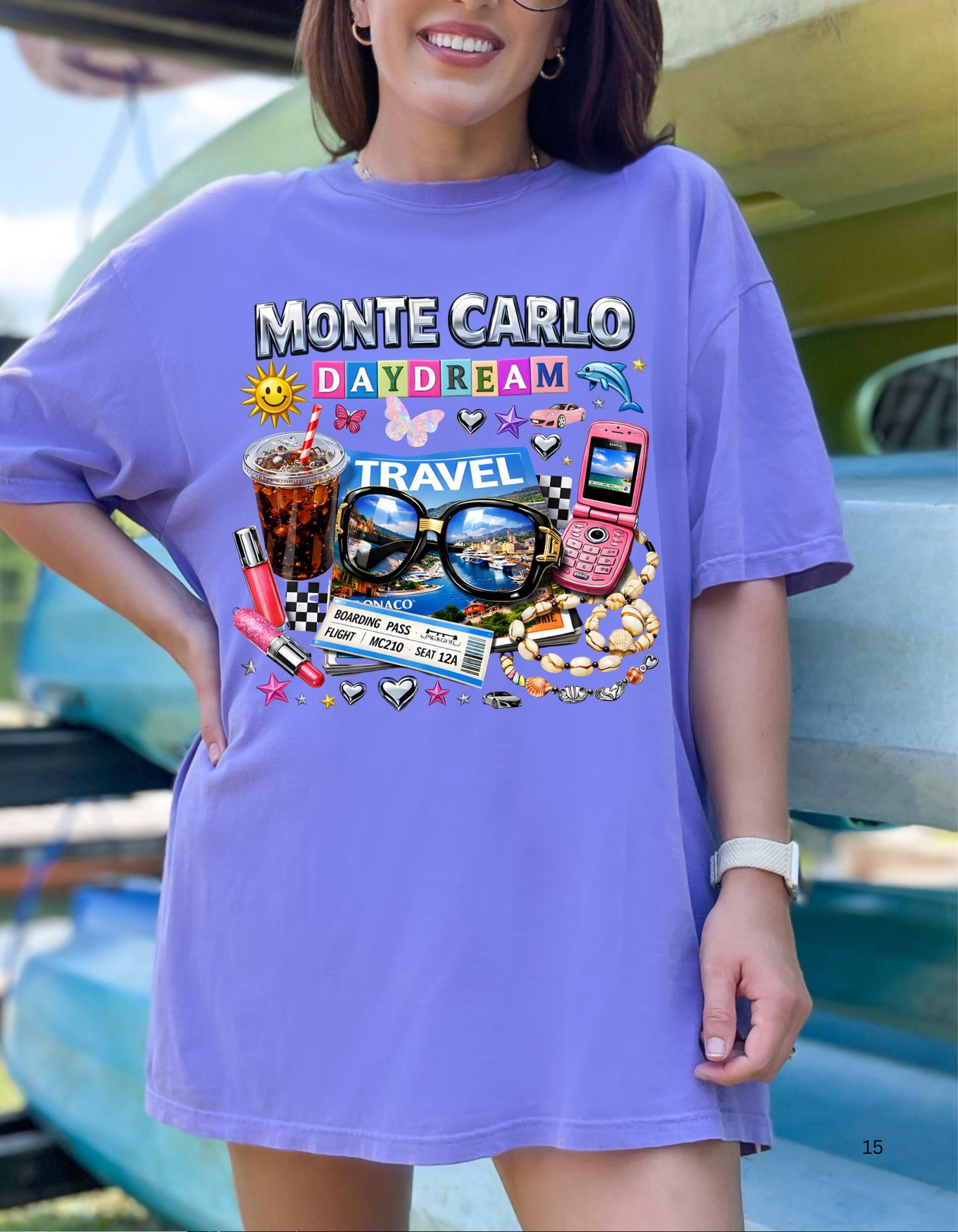 Monte Carlo Daydream travel collage T-shirt | sunglasses, cassette, flip phone