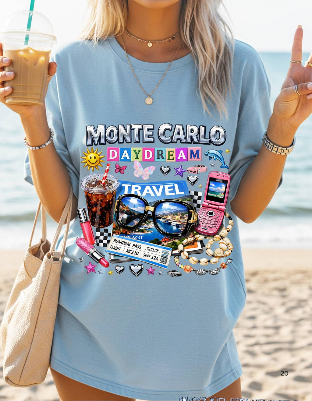 Monte Carlo Daydream travel collage T-shirt | sunglasses, cassette, flip phone