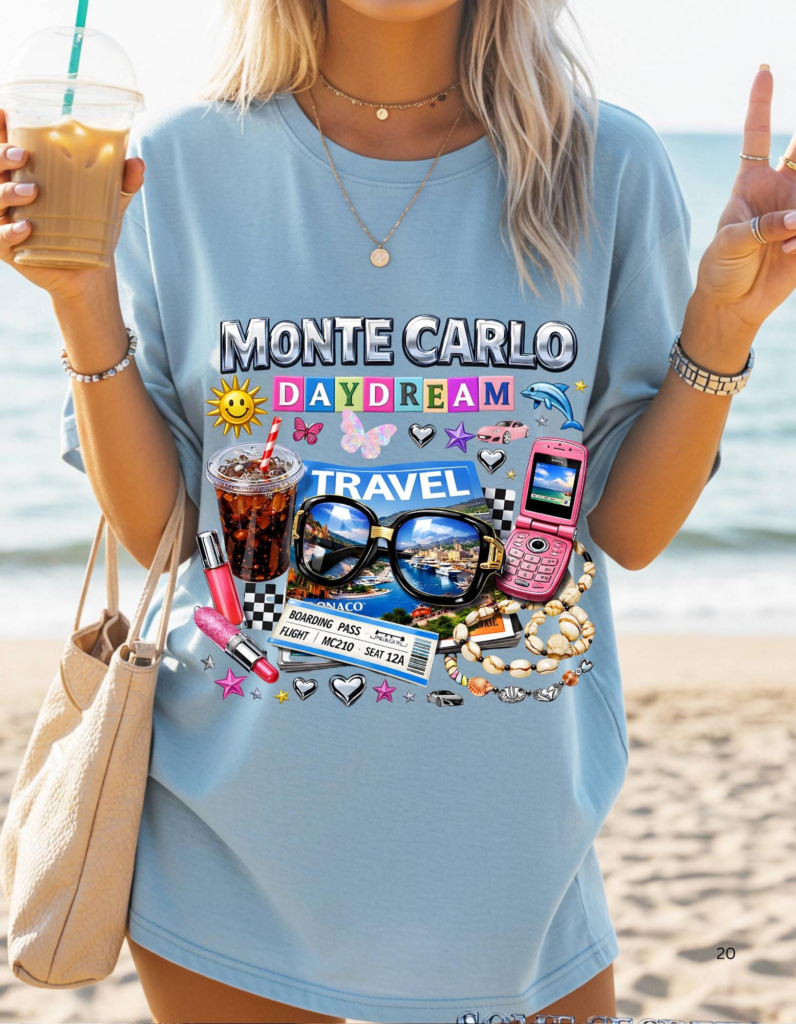 Monte Carlo Daydream travel collage T-shirt | sunglasses, cassette, flip phone