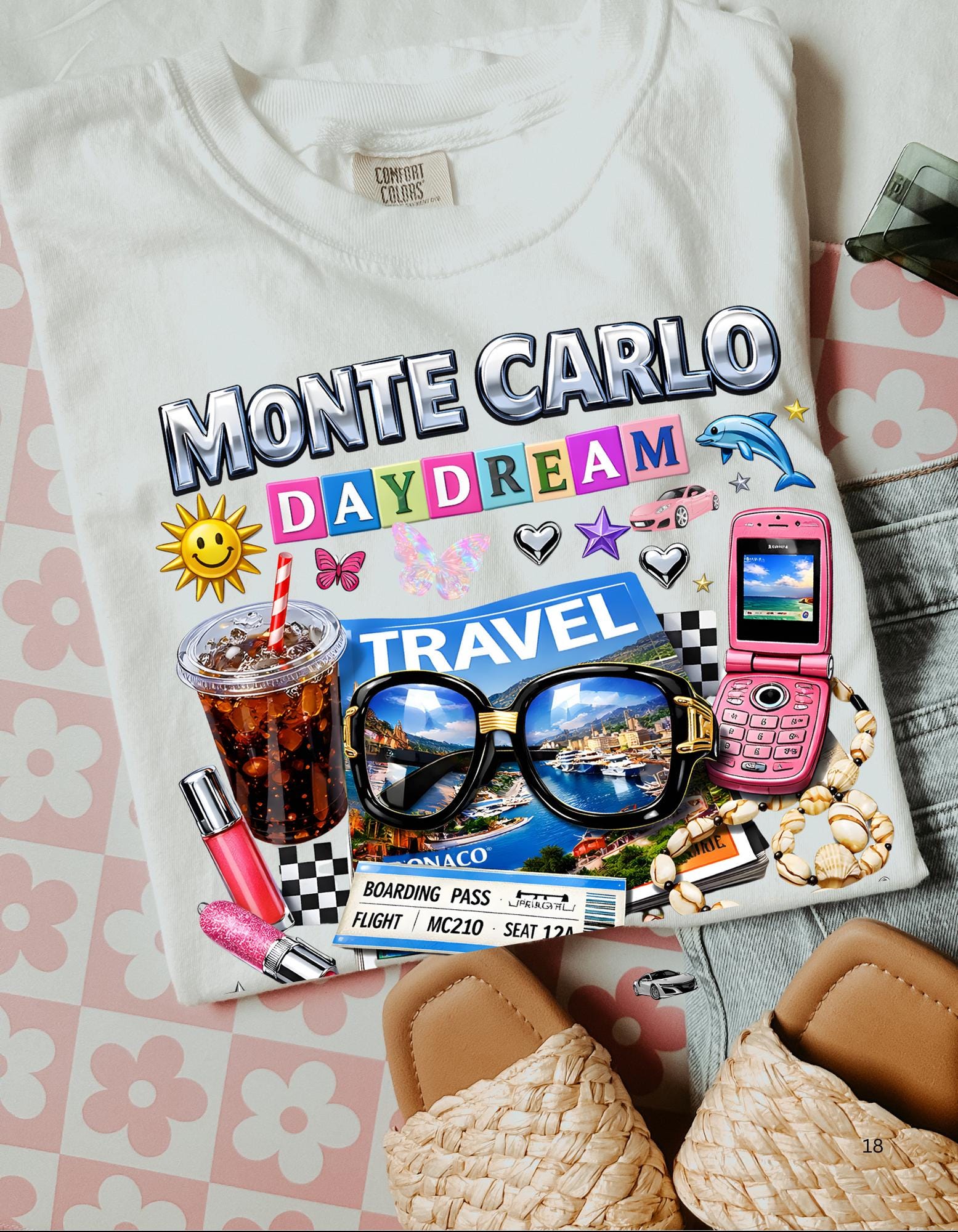 Monte Carlo Daydream travel collage T-shirt | sunglasses, cassette, flip phone