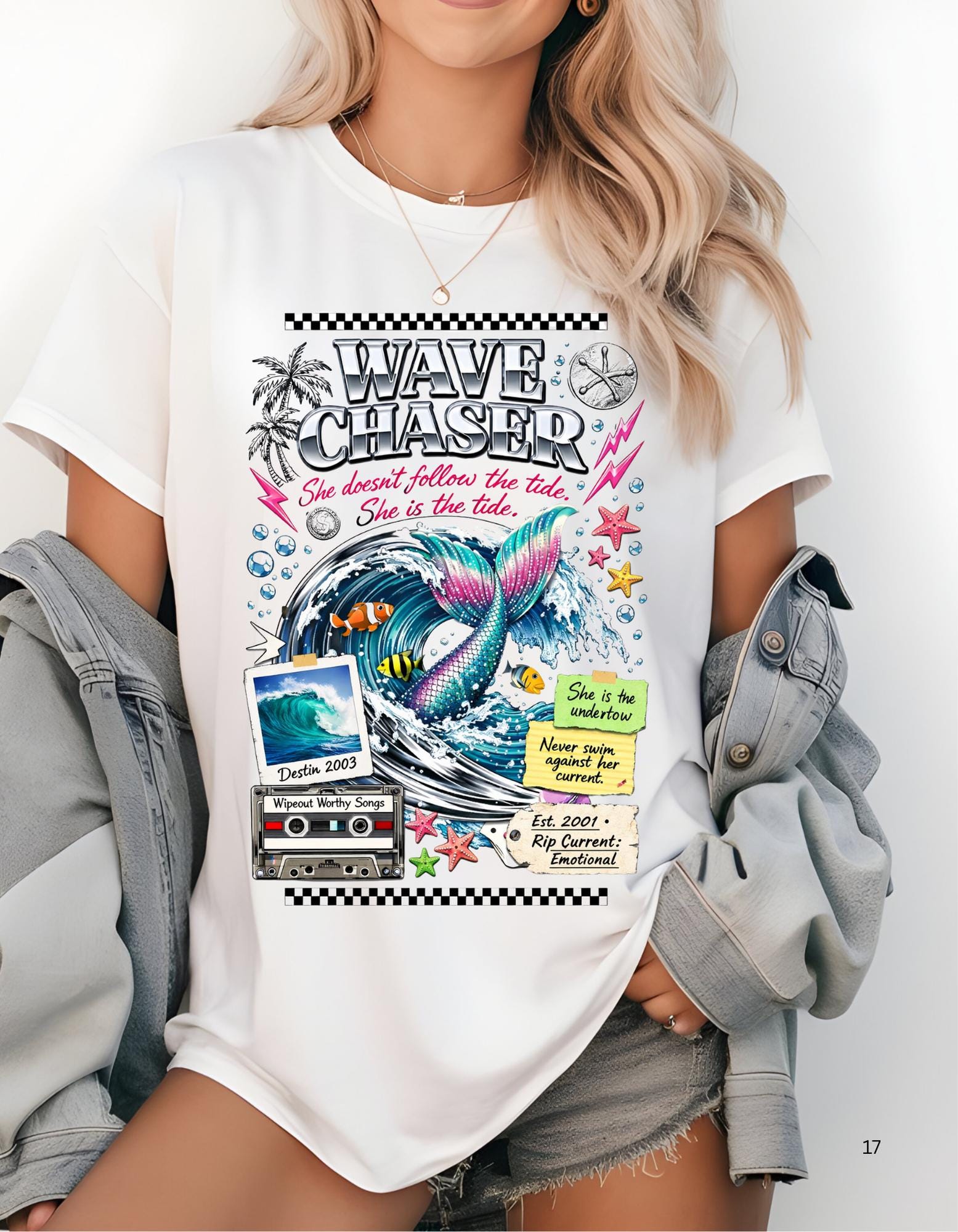 Wave Chaser Whale Surfing Graphic T-Shirt | Retro Ocean Collage Vintage Beach Tee