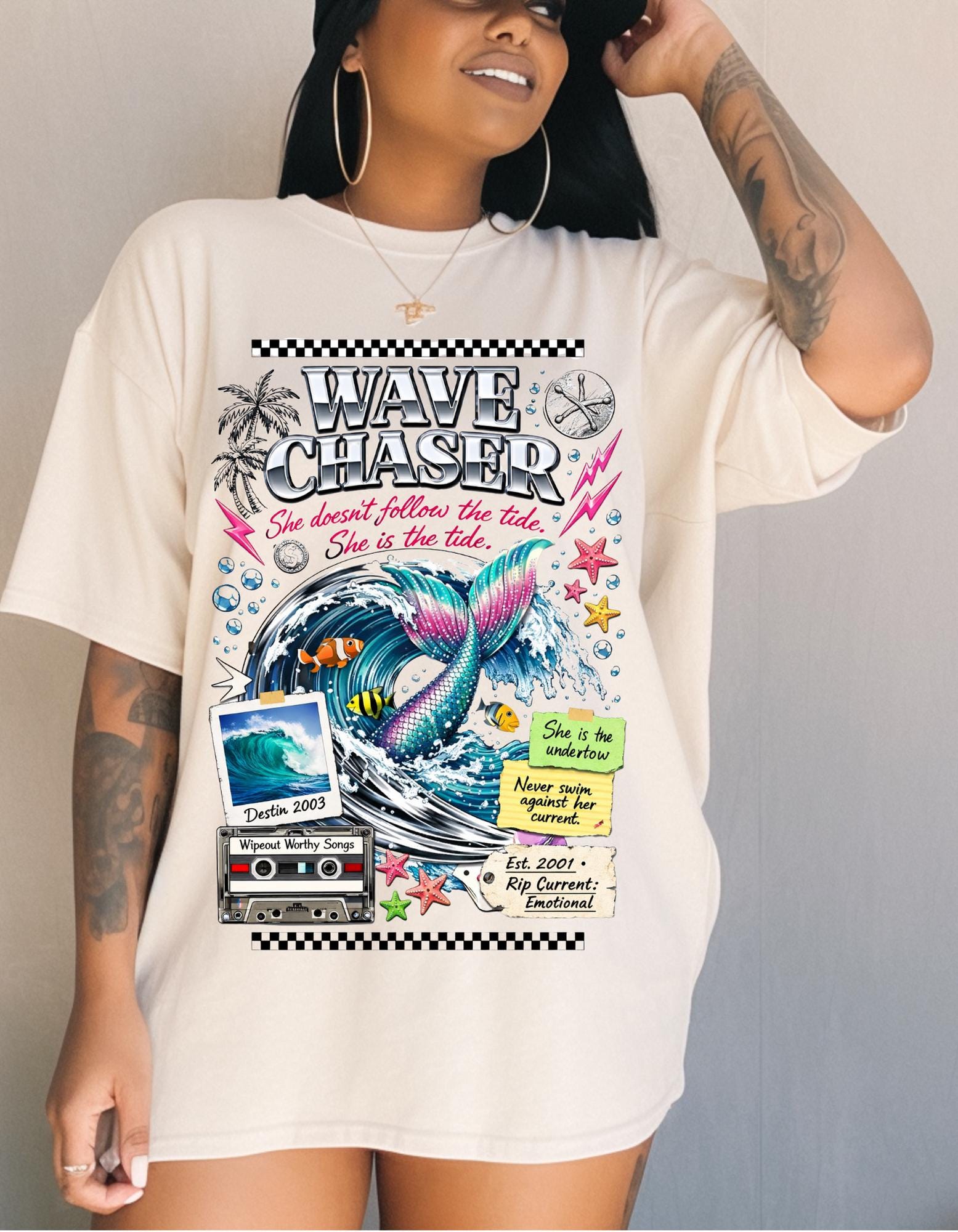 Wave Chaser Whale Surfing Graphic T-Shirt | Retro Ocean Collage Vintage Beach Tee