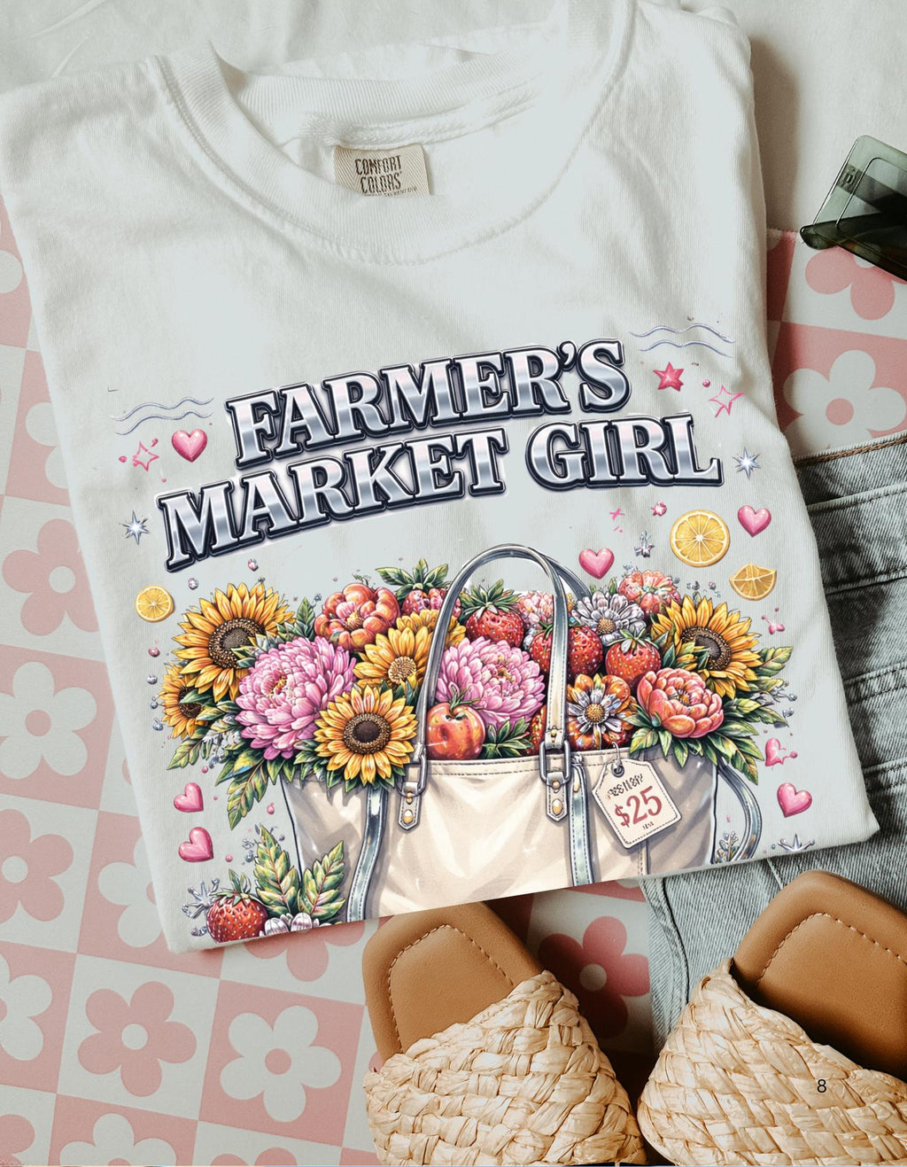 Farmers Market Girl T-Shirt | Rustic Sunflower Tote Design Country Farm Style Tee