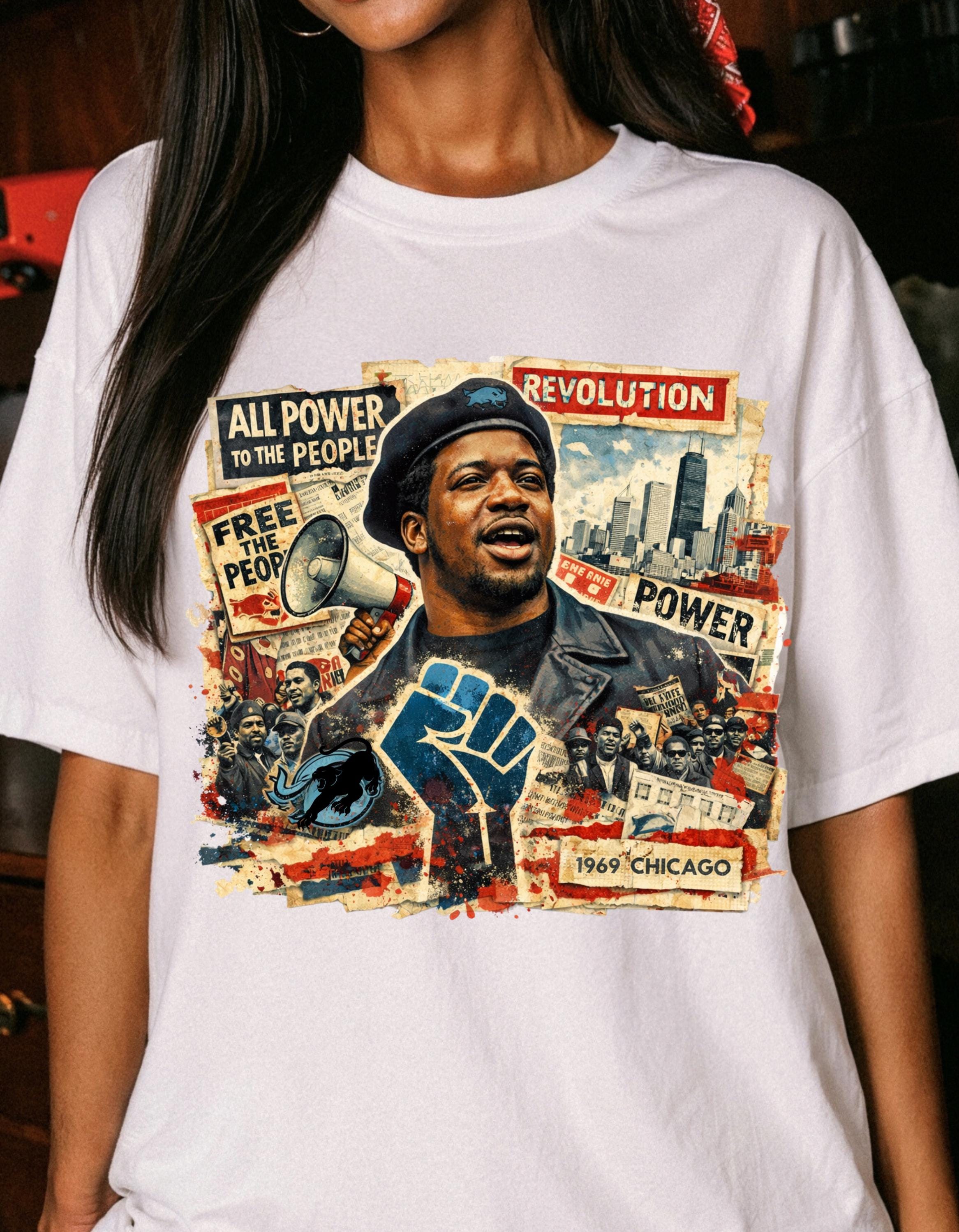 Black Power Fist Protest Collage T-Shirt | Chicago Revolution Artwork | Social Justice Activist Unisex Tee