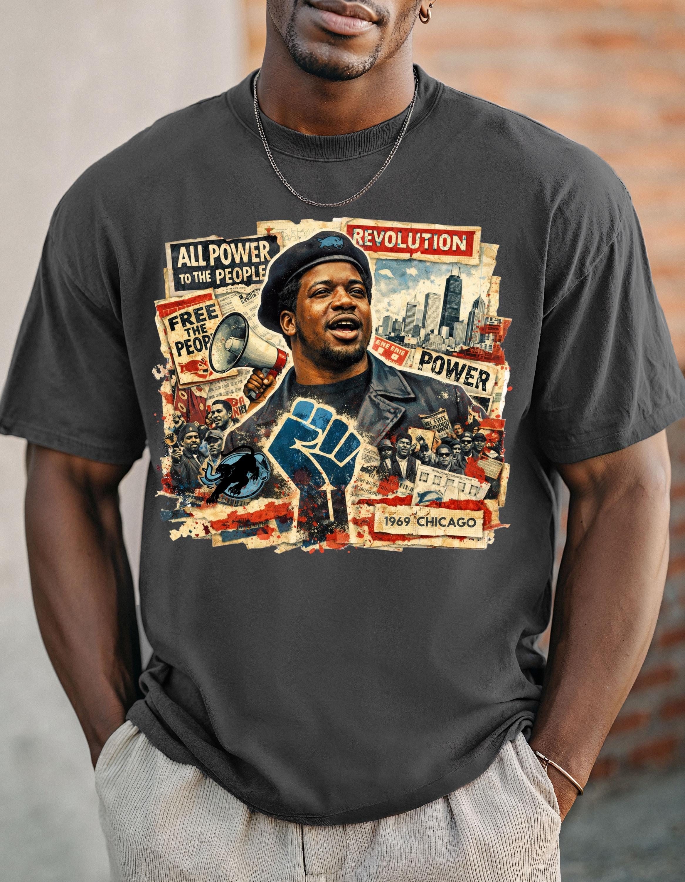 Black Power Fist Protest Collage T-Shirt | Chicago Revolution Artwork | Social Justice Activist Unisex Tee