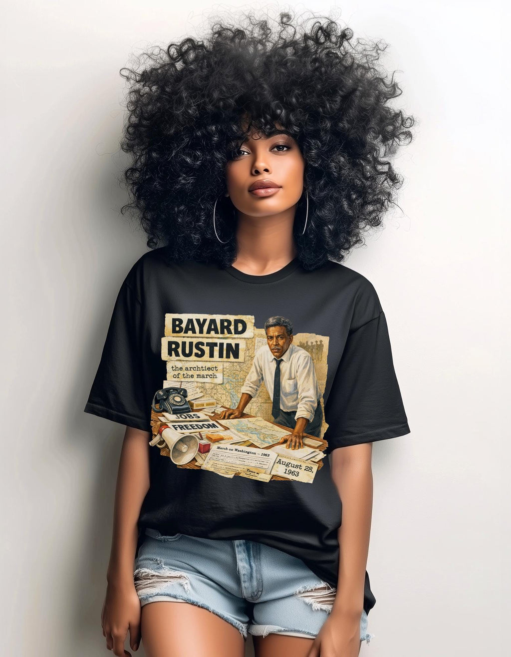 Bayard Rustin Civil Rights Leader illustration T-shirt | Vintage newspaper design
