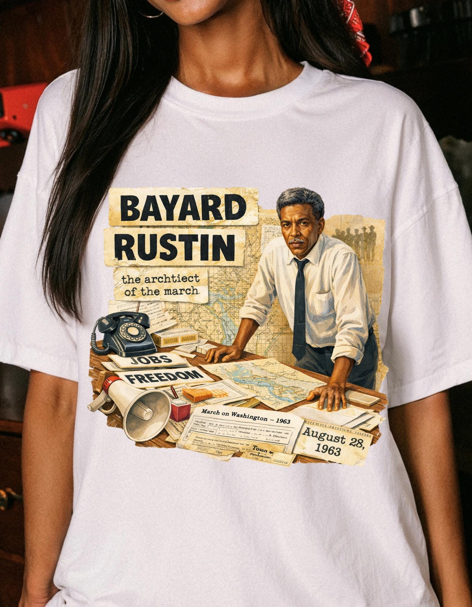 Bayard Rustin Civil Rights Leader illustration T-shirt | Vintage newspaper design
