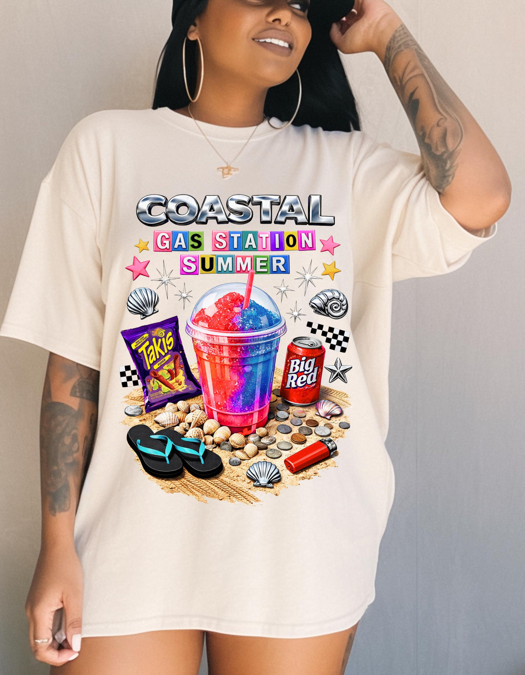 Coastal Gas Station Summer T-shirt | Slushie, Snacks, Seashells, Beach Vibes