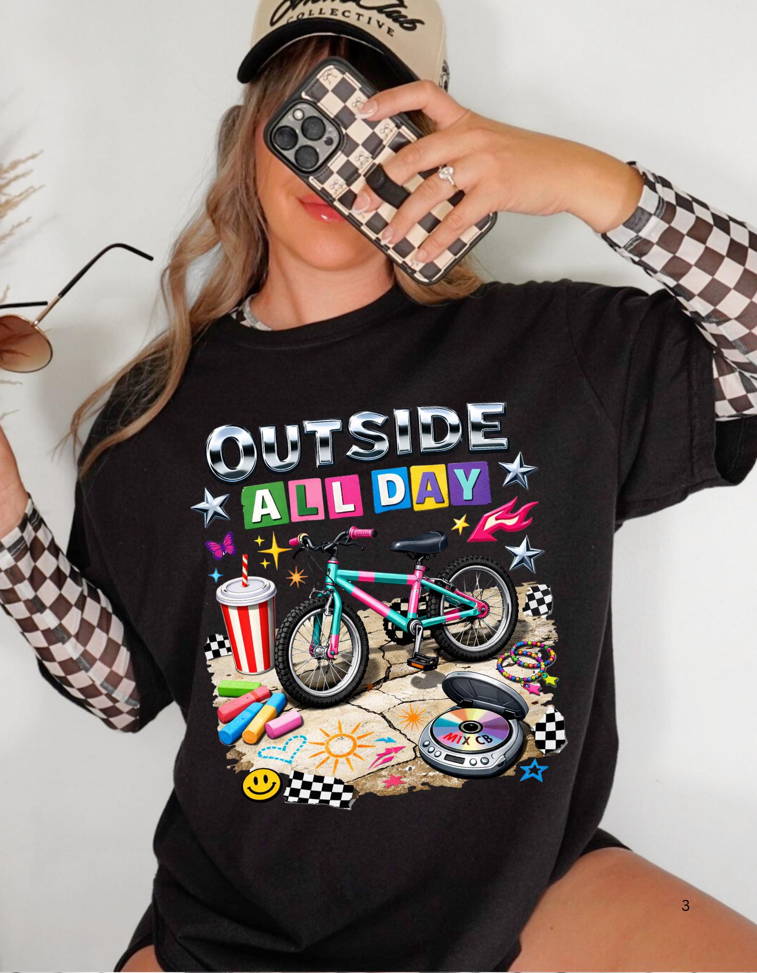90s kid Outside All Day T-shirt | Bike Skateboard Summer Outdoor Kids Graphic