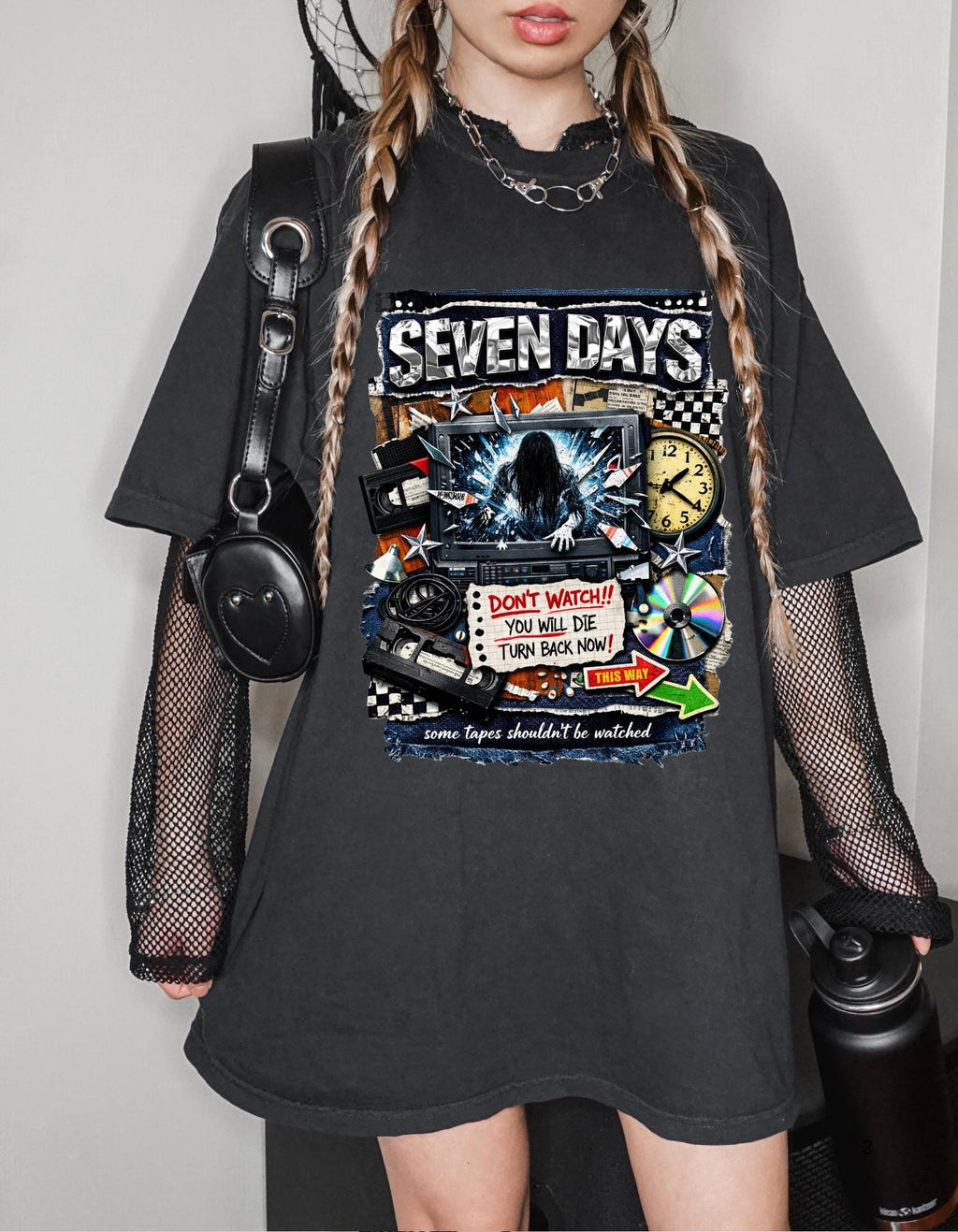 Seven Days horror collage T-shirt | Vintage VHS, clock, spooky film art