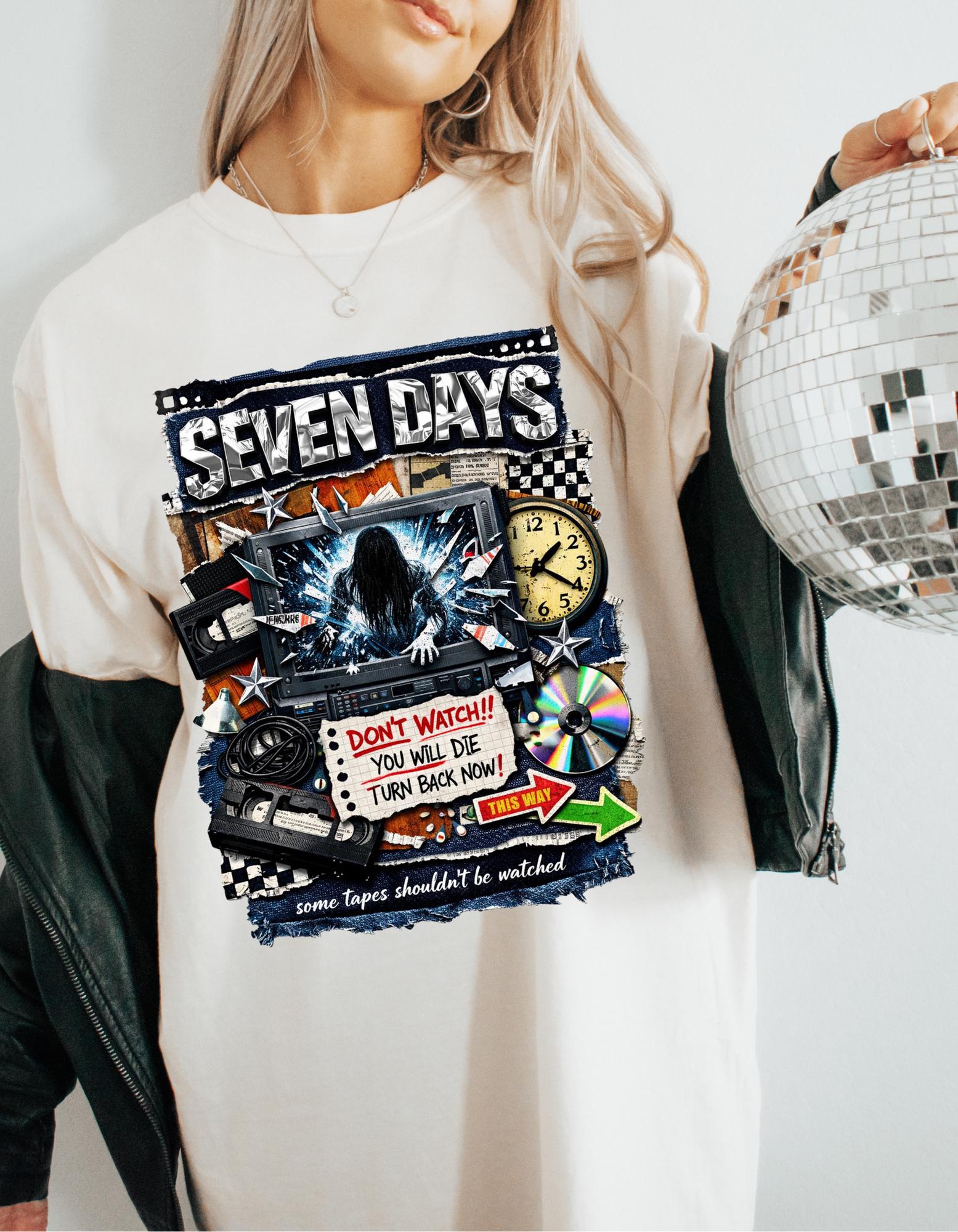 Seven Days horror collage T-shirt | Vintage VHS, clock, spooky film art