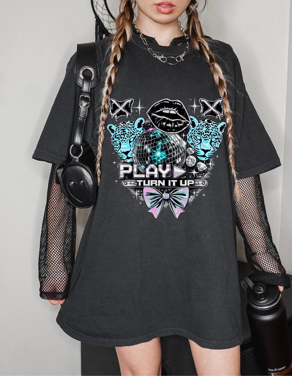 Play Turn It Up graphic T-shirt | retro lips, neon leopards, butterfly