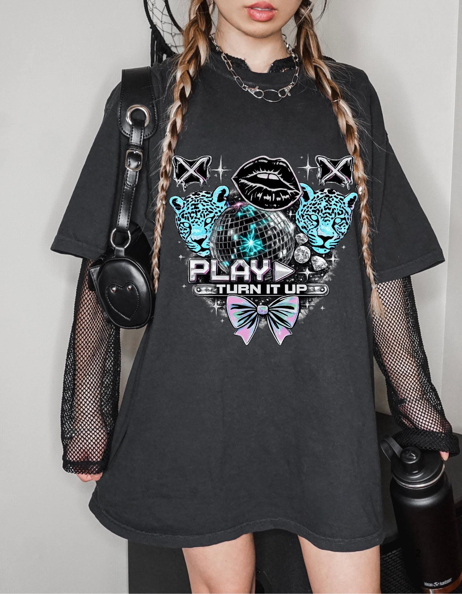 Play Turn It Up graphic T-shirt | retro lips, neon leopards, butterfly