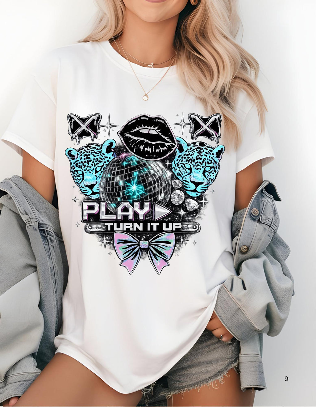 Play Turn It Up graphic T-shirt | retro lips, neon leopards, butterfly