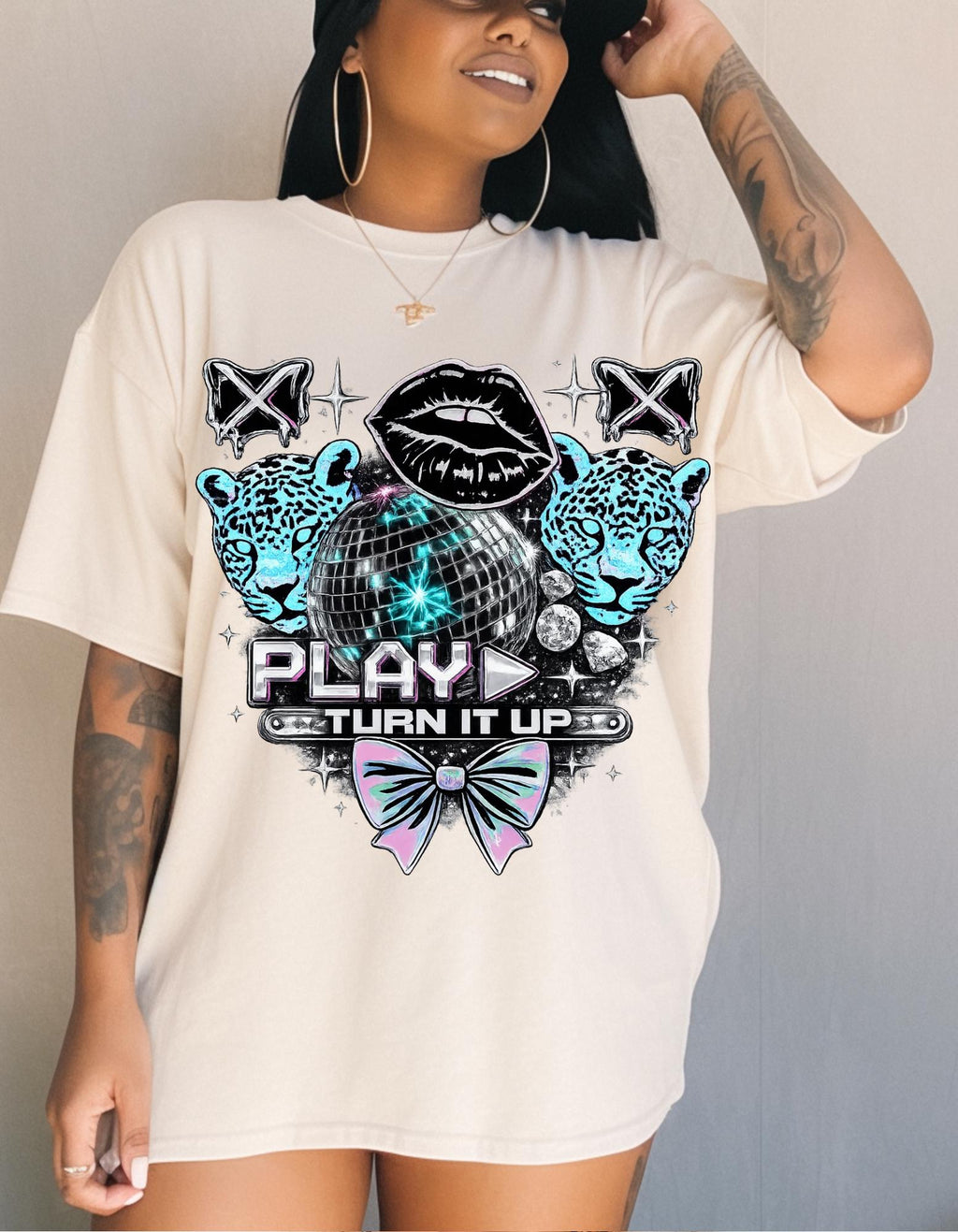 Play Turn It Up graphic T-shirt | retro lips, neon leopards, butterfly