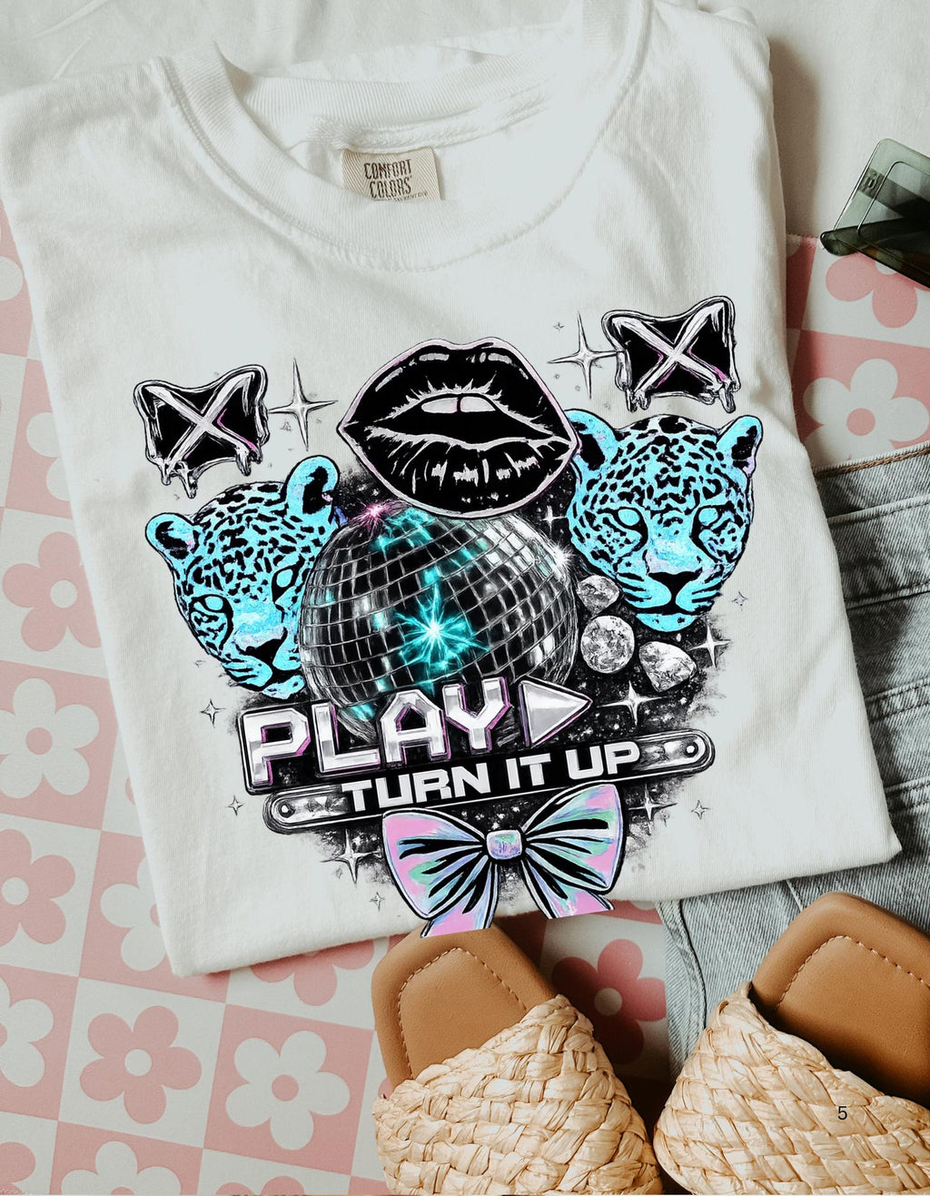 Play Turn It Up graphic T-shirt | retro lips, neon leopards, butterfly